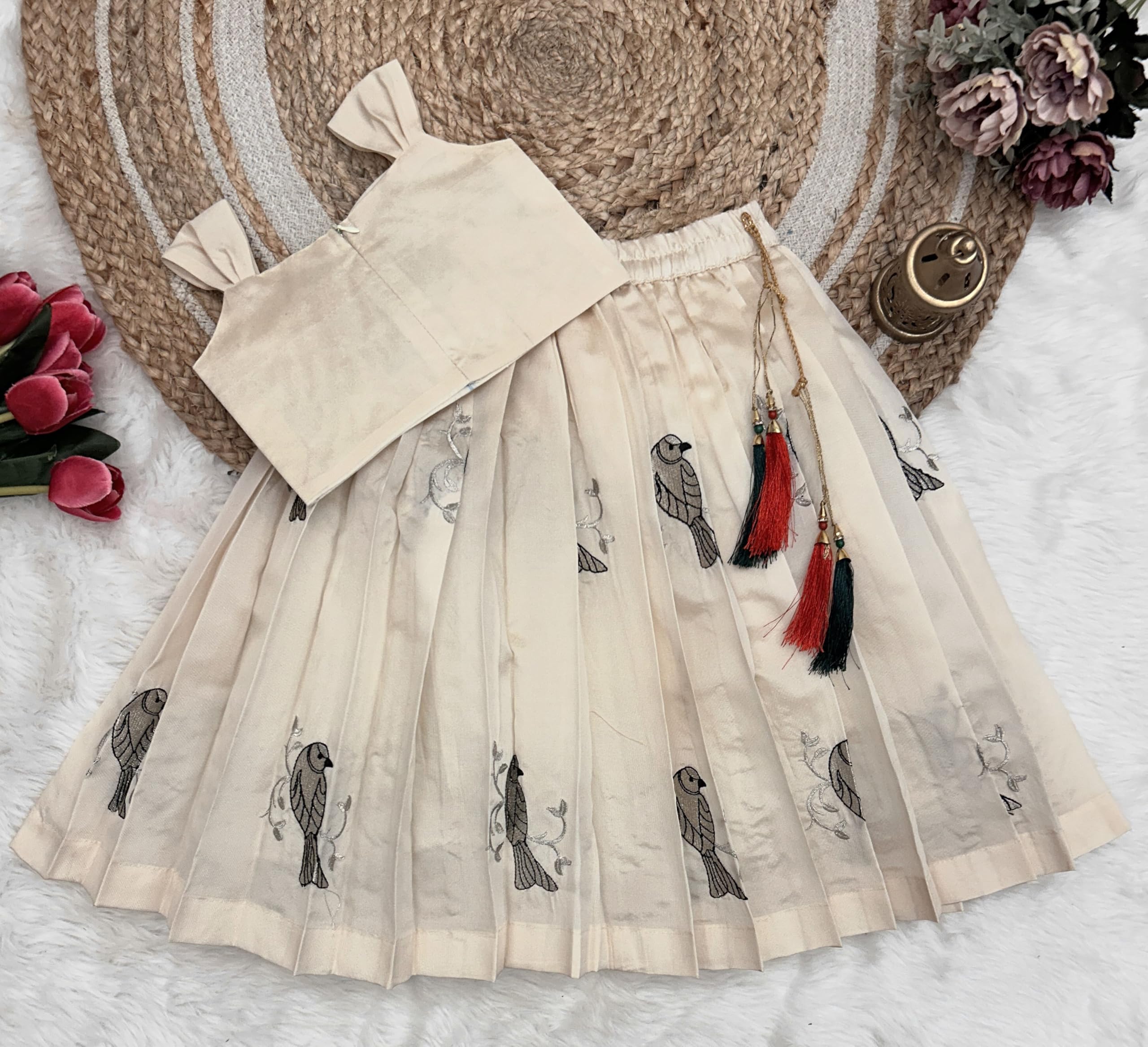 FELIZ THE DESIGNER STUDIO Baby Girl's Cream Flared Cotton Silk Sleeveless Lehenga Choli Set Pattu pavadai for Kids Girl's-7-8 Years - Image 3 thumbnail