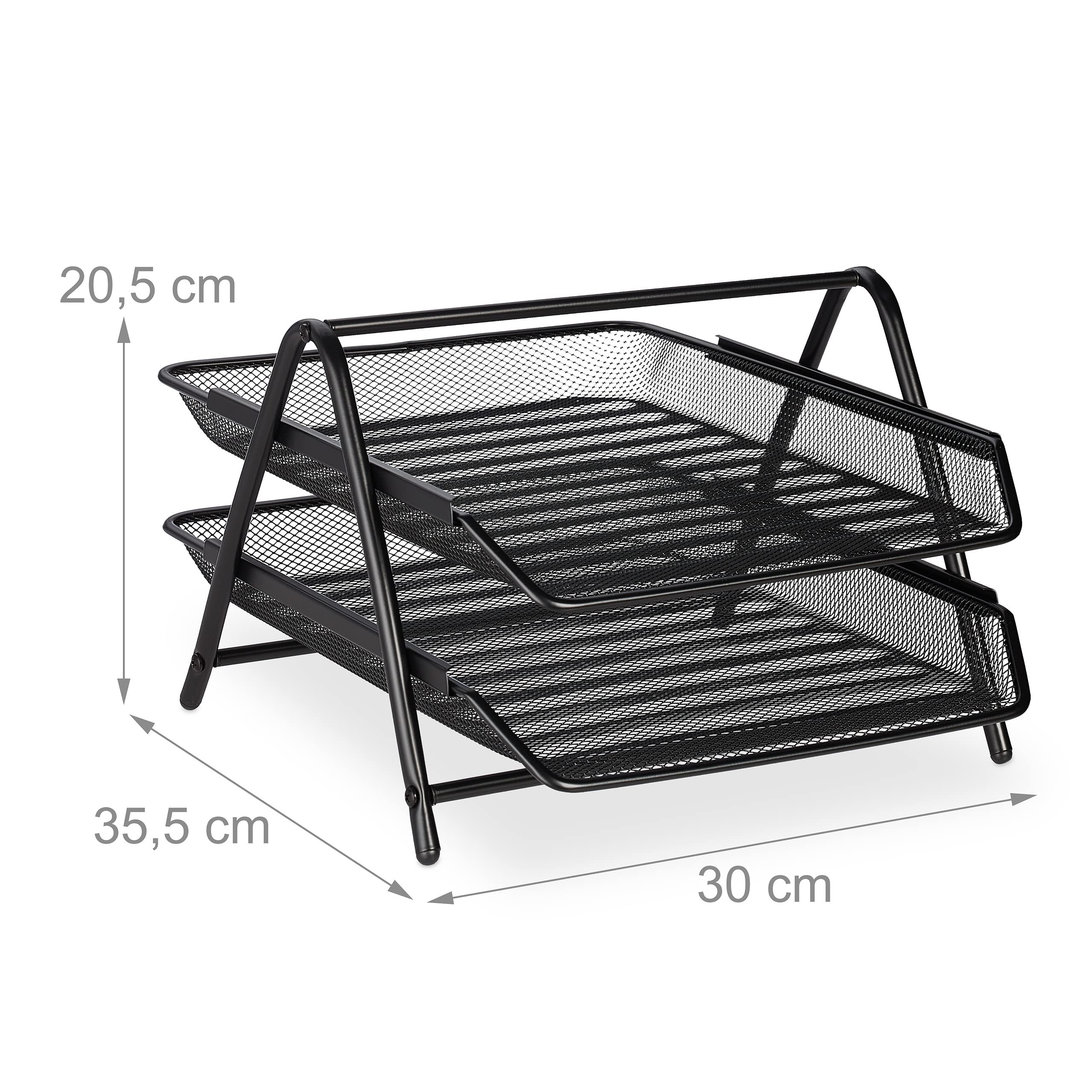 Relaxdays Organizer Portadocumenti con 2 Vaschette, Portalettere A4, HLP: 20,5x30x35,5 cm, Rete in Acciaio, Nero