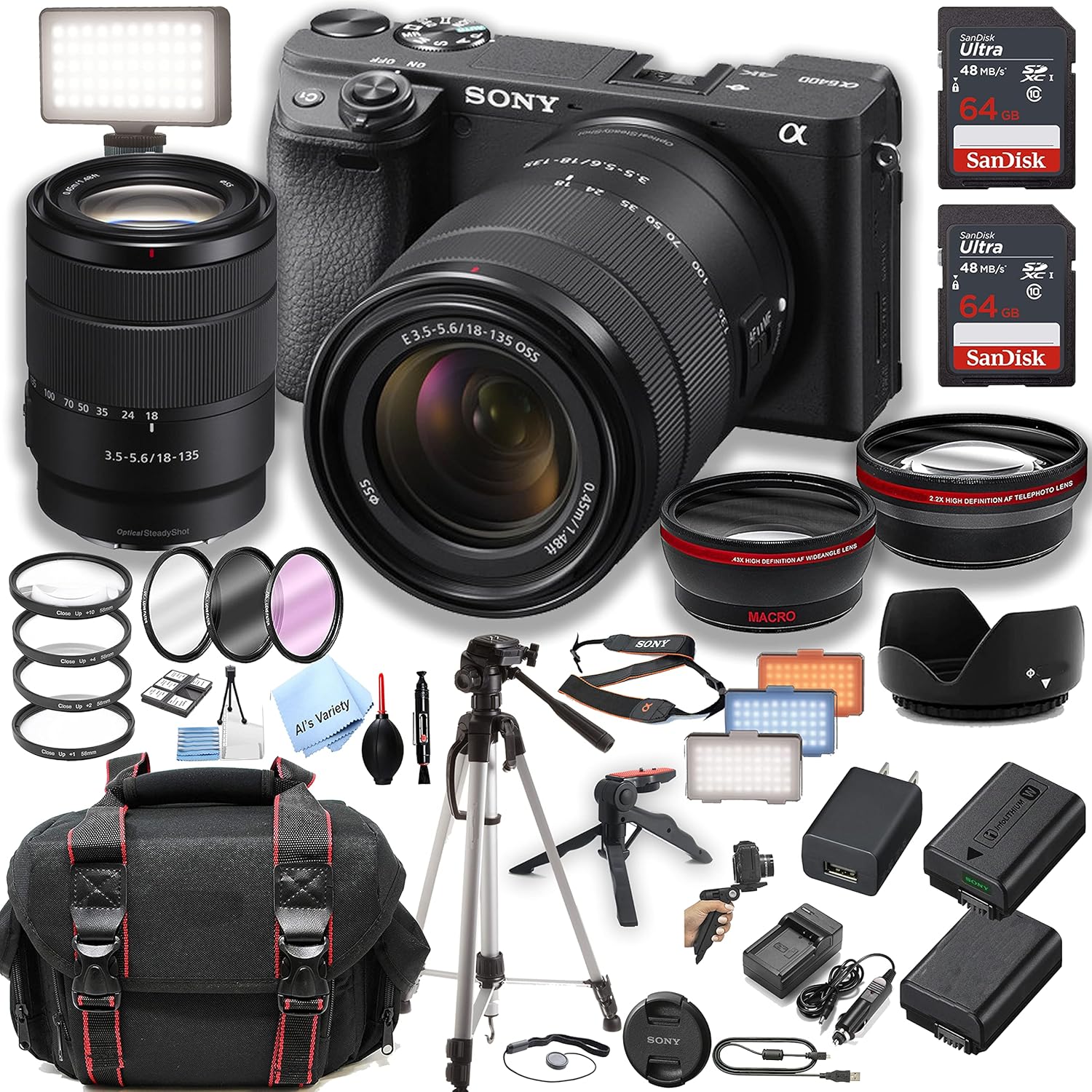 Sony a6400 Mirrorless Camera with18-135mm Zoom Lens + 2pcs 64GB Memory + LED Video Light + Case+ Tripod + Steady Grip Pod + Filters + Macro + 2X Lens + 2X Batteries + Accessory Bundle