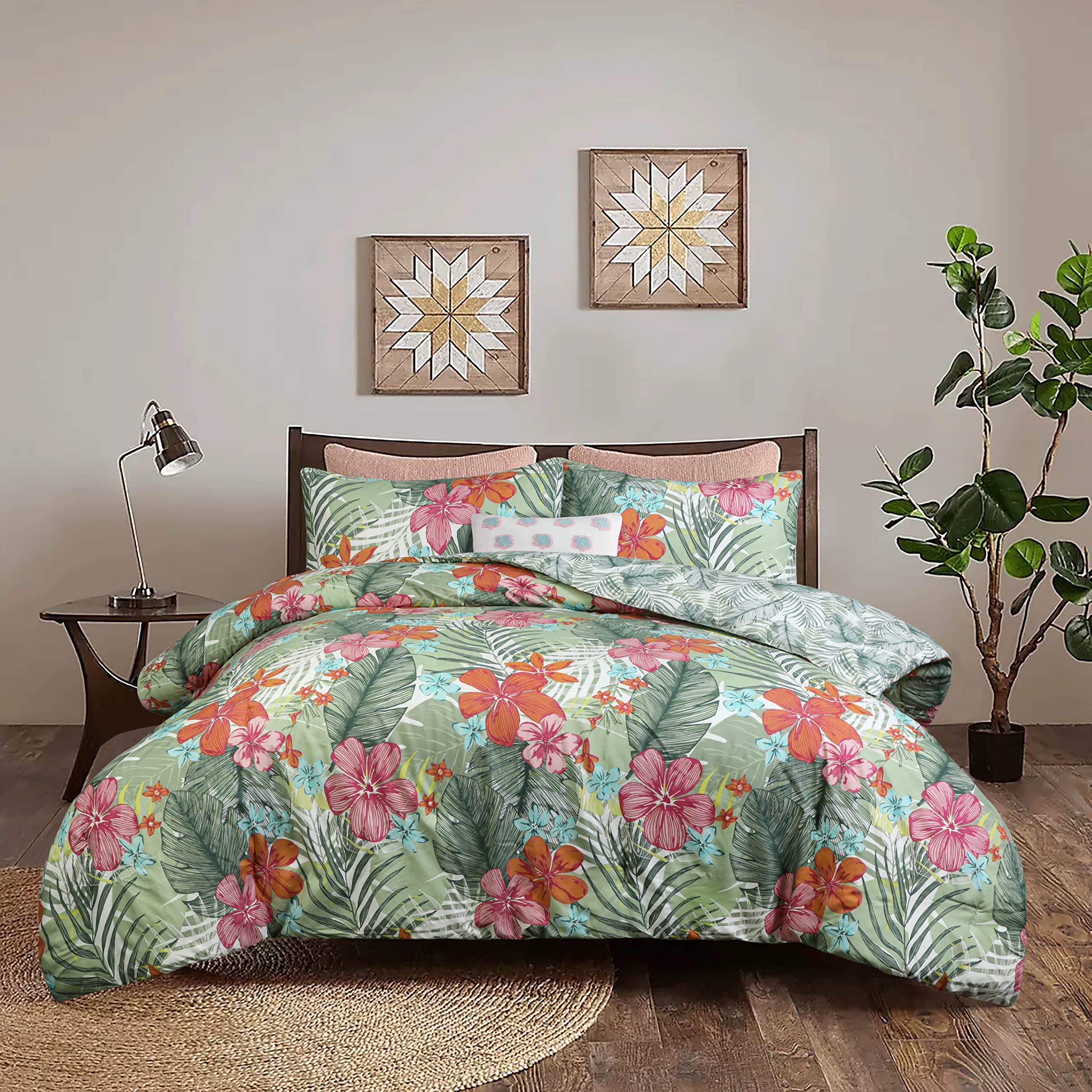 SleepdownQueen Comforter Set - All Season Reversible Floral Queen Comforter with 2 Pillow Shams, Soft Breathable Microfiber Bedding Set, Lightweight Botanical Flowers Queen Size Comforter Sets