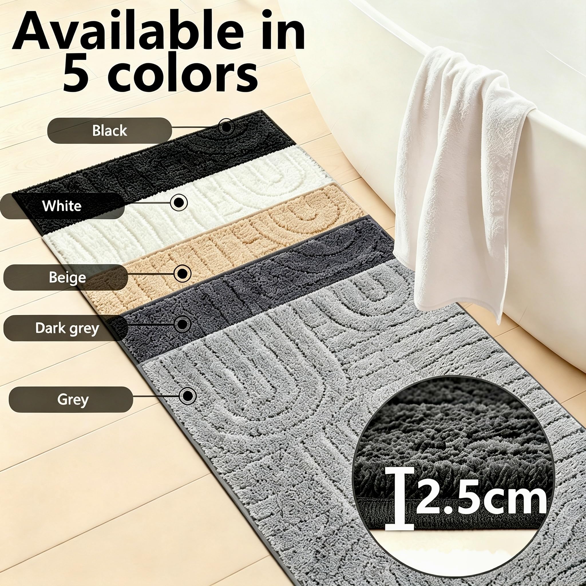 Homcomodar Set di 3 tappeti da bagno in microfibra, morbidi, antiscivolo, lavabili (nero)