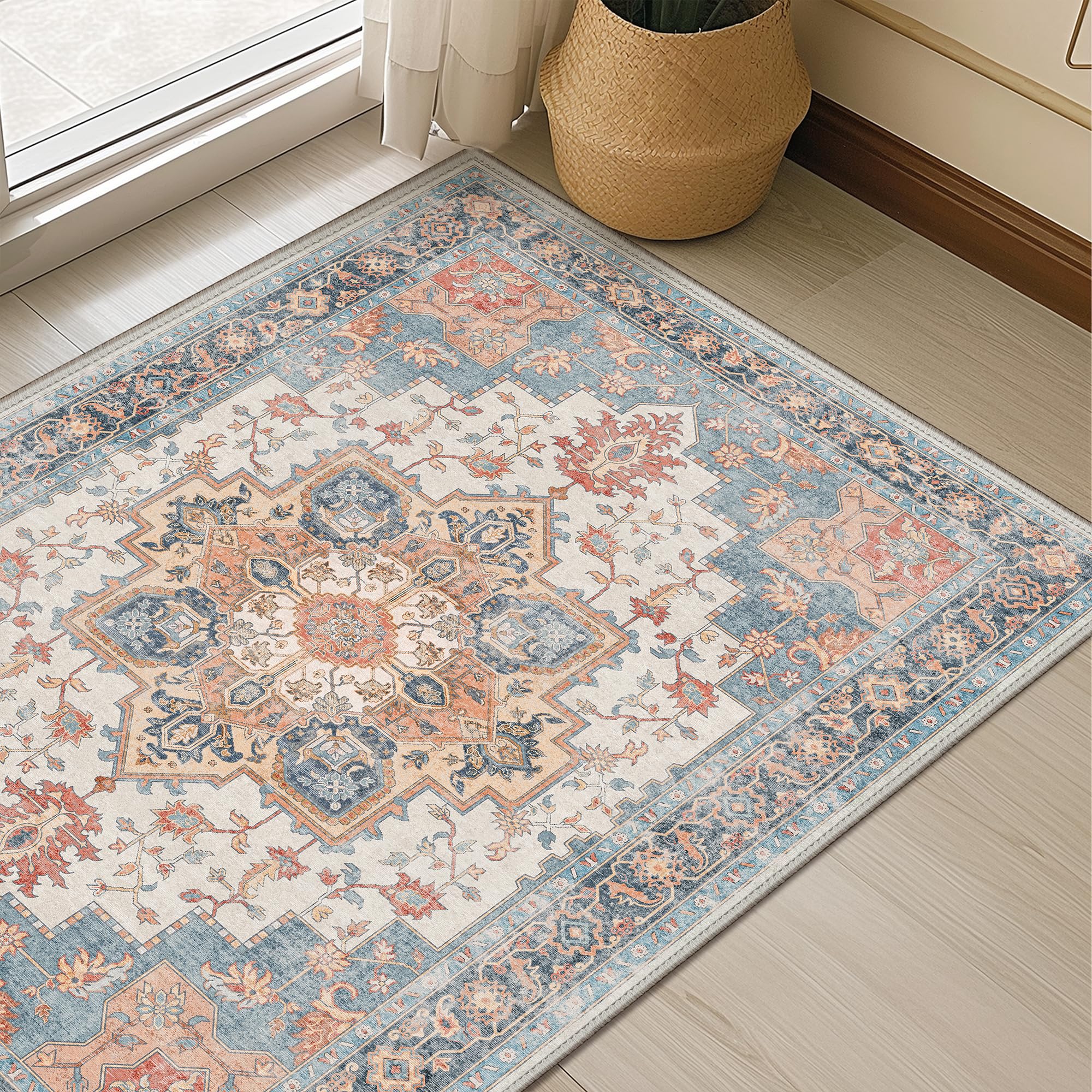 GENIMO Small Machine Washable Rugs 60x90cm, Non-Slip Doormat, Vintage Bedside Rug, Boho Area Rugs, Low Pile, Non-Shedding, Traditional Oriental Printed Design, Entrance, Entryway, Corridor, Coral Blue — image 1