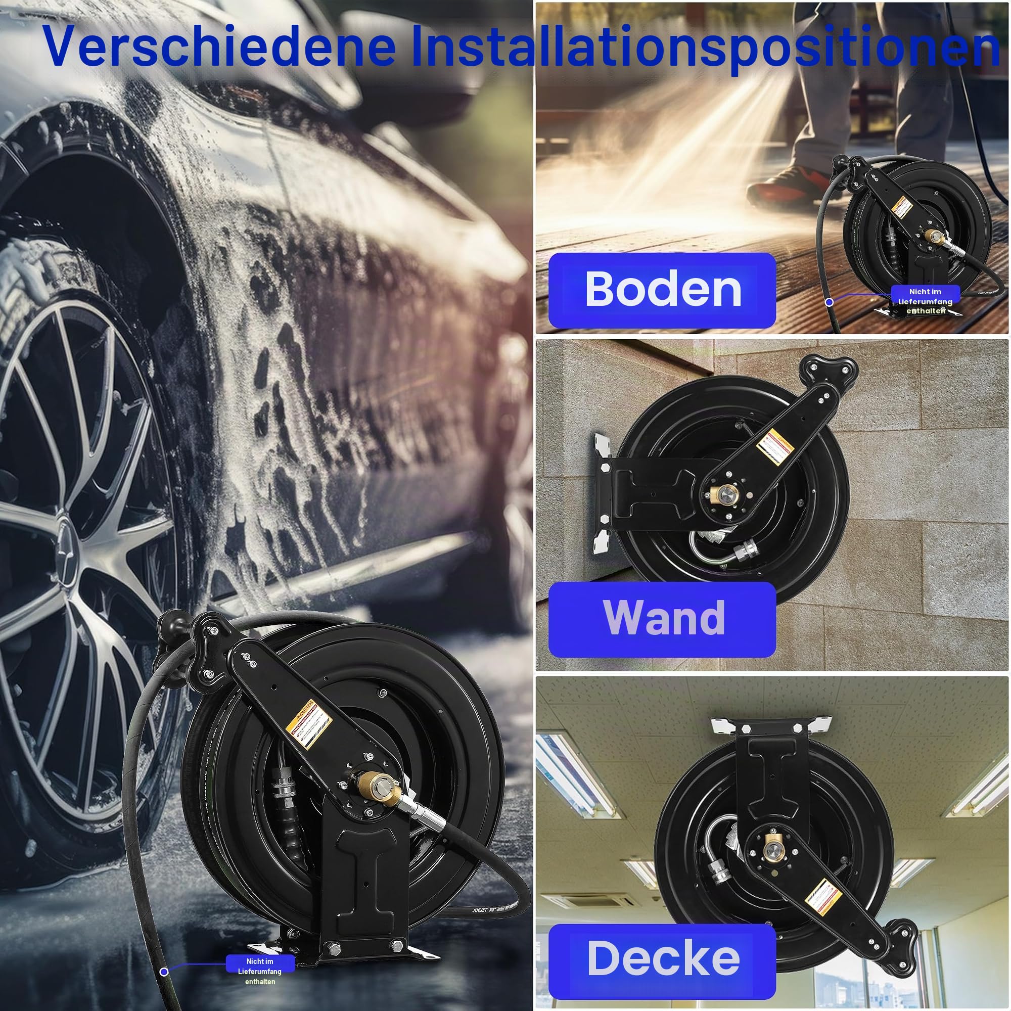 JOEJET Automatisch einziehbare Hochdruckreiniger-Schlauchtrommel, 15 m x 0,95 cm, robuste Stahl-Hochdruckreiniger-Schlauchtrommel, Doppelarm, 4000 PSI