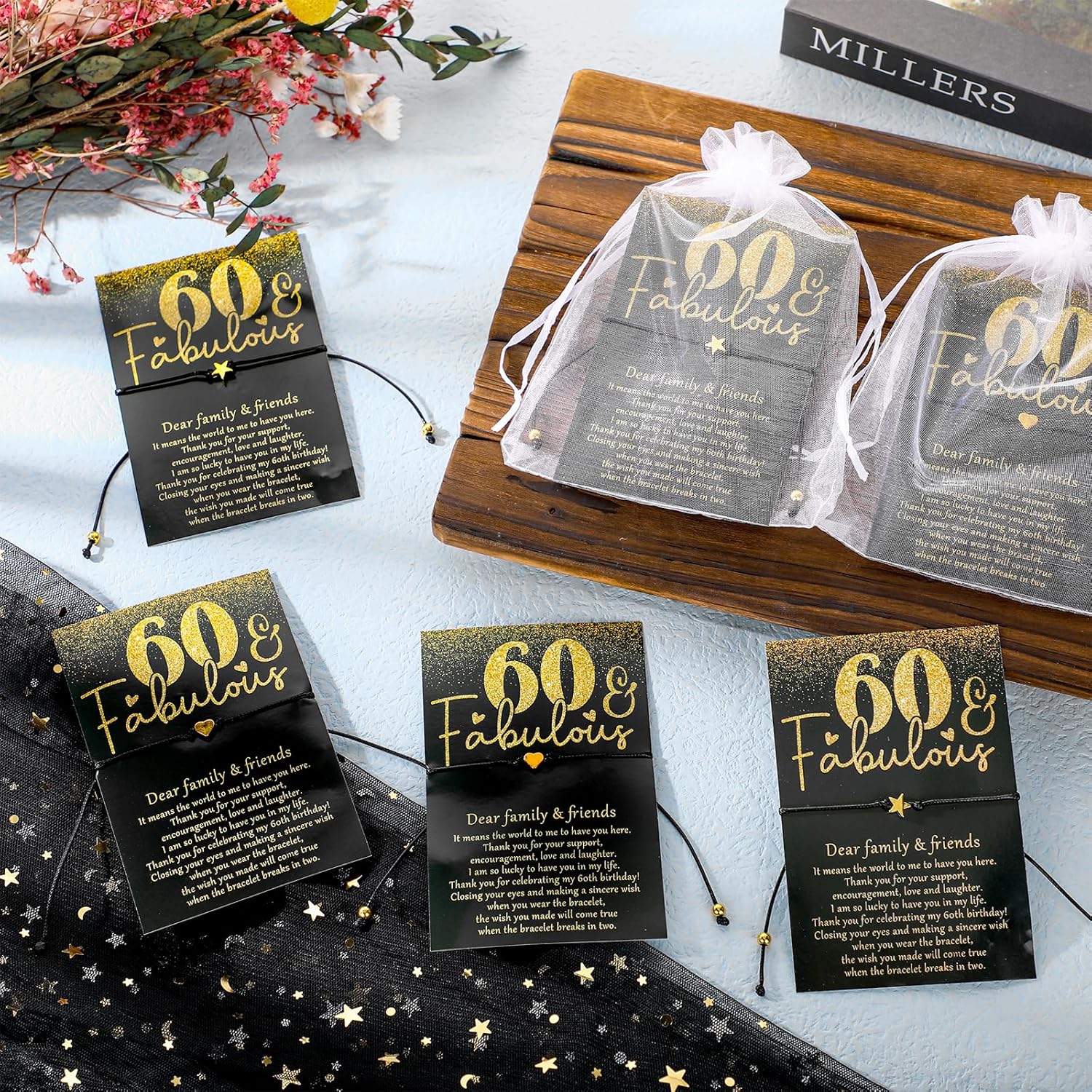 Misdary 40th 50th 60th 70th Birthday Party Gift for Women Adjustable Wish Bracelets with Heart Star Charm Thank You Card for Anniversary Mom Men Guests Souvenirs Favors(25,60th Birthday) - Image 5