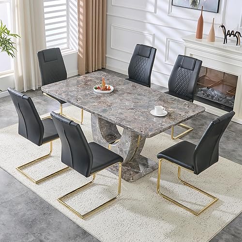 Miniatura 46 de JUFU Juego de mesa de comedor moderno para 6, juego de mesa de cocina de 63 pulgadas con mesa de mármol sintético y 4 sillas tapizadas de piel