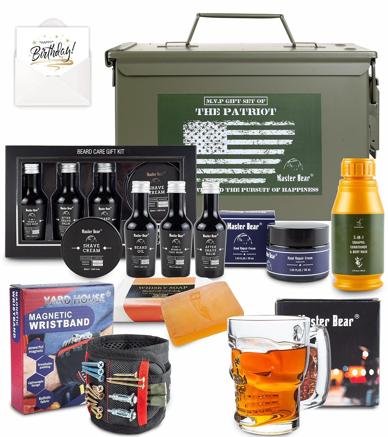 Master Bear Birthday Gifts for Men 50 Cal Metal Ammo Cans Box Shaving Grooming Set Collection for Him