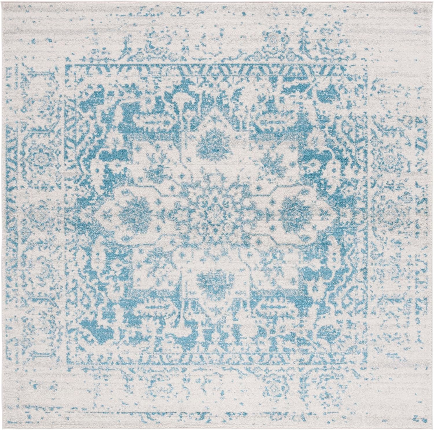SAFAVIEH Madison Collection Area Rug - 5'3" Square, Teal & Ivory, Snowflake Medallion Distressed Design, Non-Shedding & Easy Care, Ideal for High Traffic Areas in Living Room, Bedroom (MAD603J)