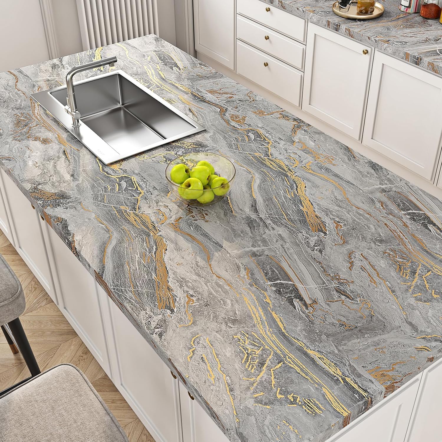 FunStick 60CMx5M Grey Wallpaper Peel and Stick for Living Room Grey and Gold Marble Vinyl Wrap for Furniture Bathroom Sticky Back Plastic for Worktops Cupboards Marble Grey and Gold Kitchen Wallpaper - Image 2