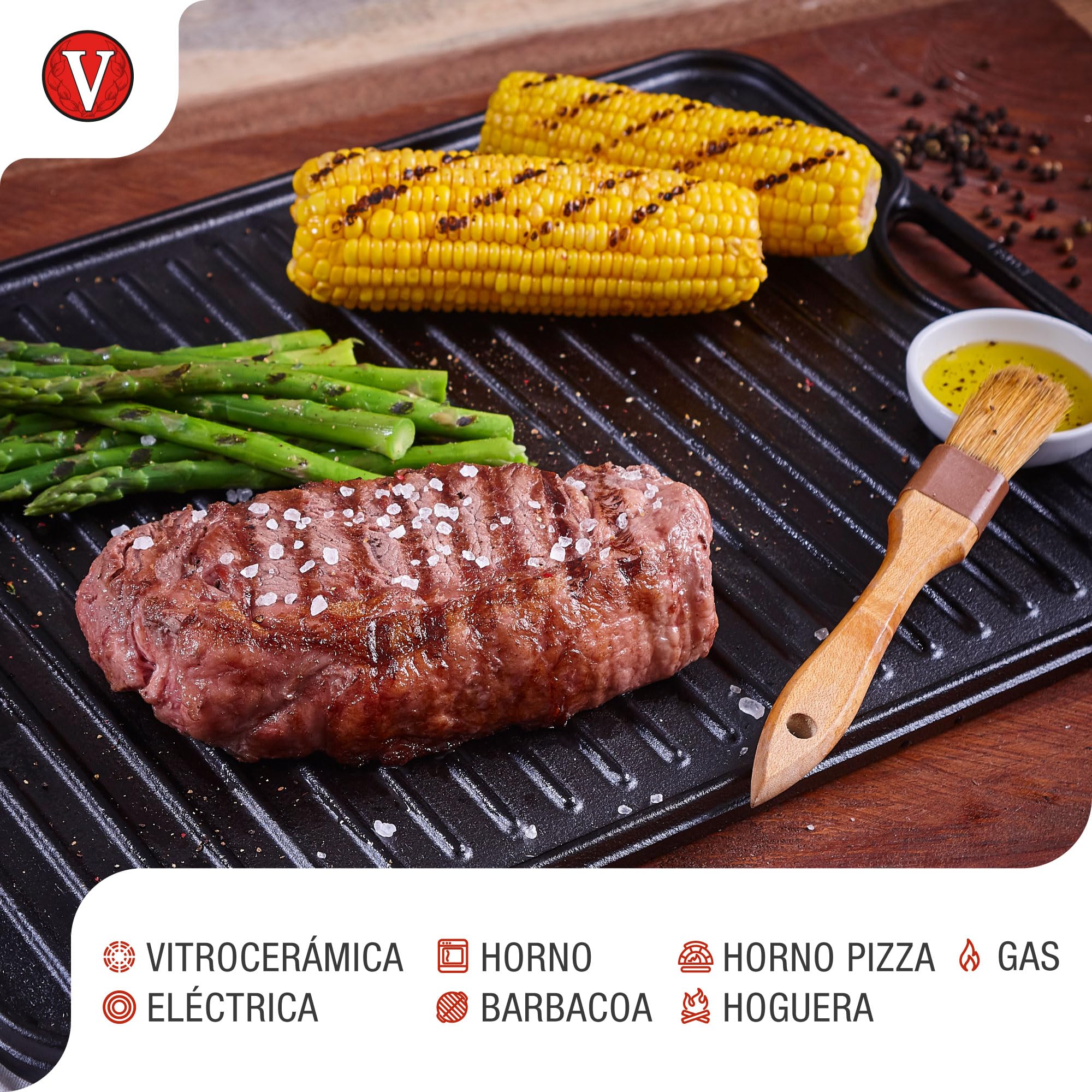 VICTORIA Plancha Cocina Hierro Fundido Esmaltado Parrilla Doble Reversible 33 X 21cm para Fuego, Barbacoa, Horno, Vitrocerámica, Gas, Libre de Tóxicos sin PTFE