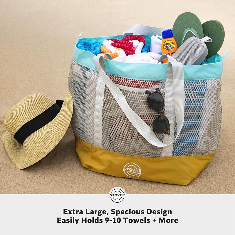 STOVER Large Mesh Beach Bag, Vacation, Pool, Shopping, Travel Tote - Foldable w/Storage Pouch & Pockets for Women & Families