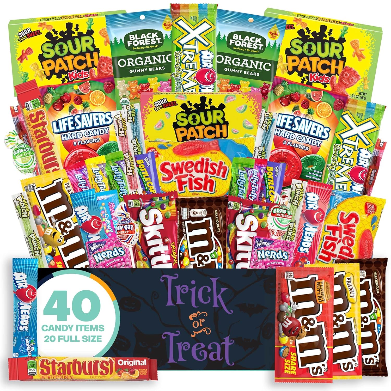 Halloween Candy Snack Box (40 Full Size Variety Gift Basket Care Package) Sour Patch Kids, M&Ms, Starburst, Swedish Fish, Skittles & More - The Care Crate Co.