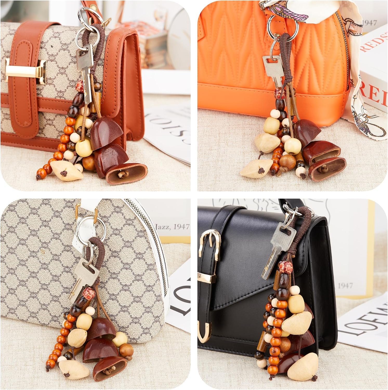 Natural Bodhi Healing Wood Nut Shell Beaded Keychain Handmade Lucky Key Ring Handcraft Purse Charms