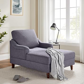VANOMi Chaise Lounge Chair Indoor with Adjustable Backrest, Upholstered Sofa Bed with Thick Cushion and Armrests, Modern Leisure Recliner Chair for Living Room, Bedroom, Office, Grey