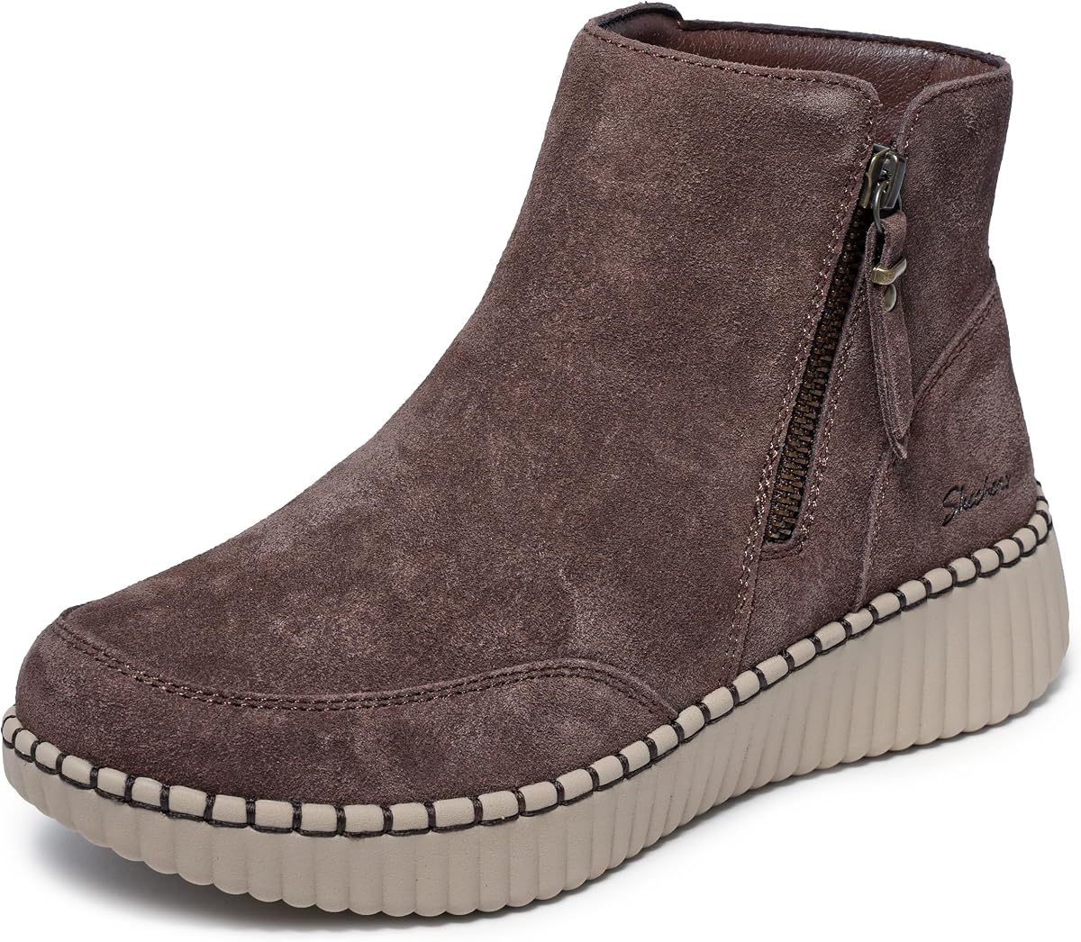 Skechers Wilshire Blvd para mujer - Weekend Crush | Ajuste relajado, espuma viscoelástica refrigerada por aire, repelente al agua Scotchgard 3M, forro de chenilla, cremallera lateral