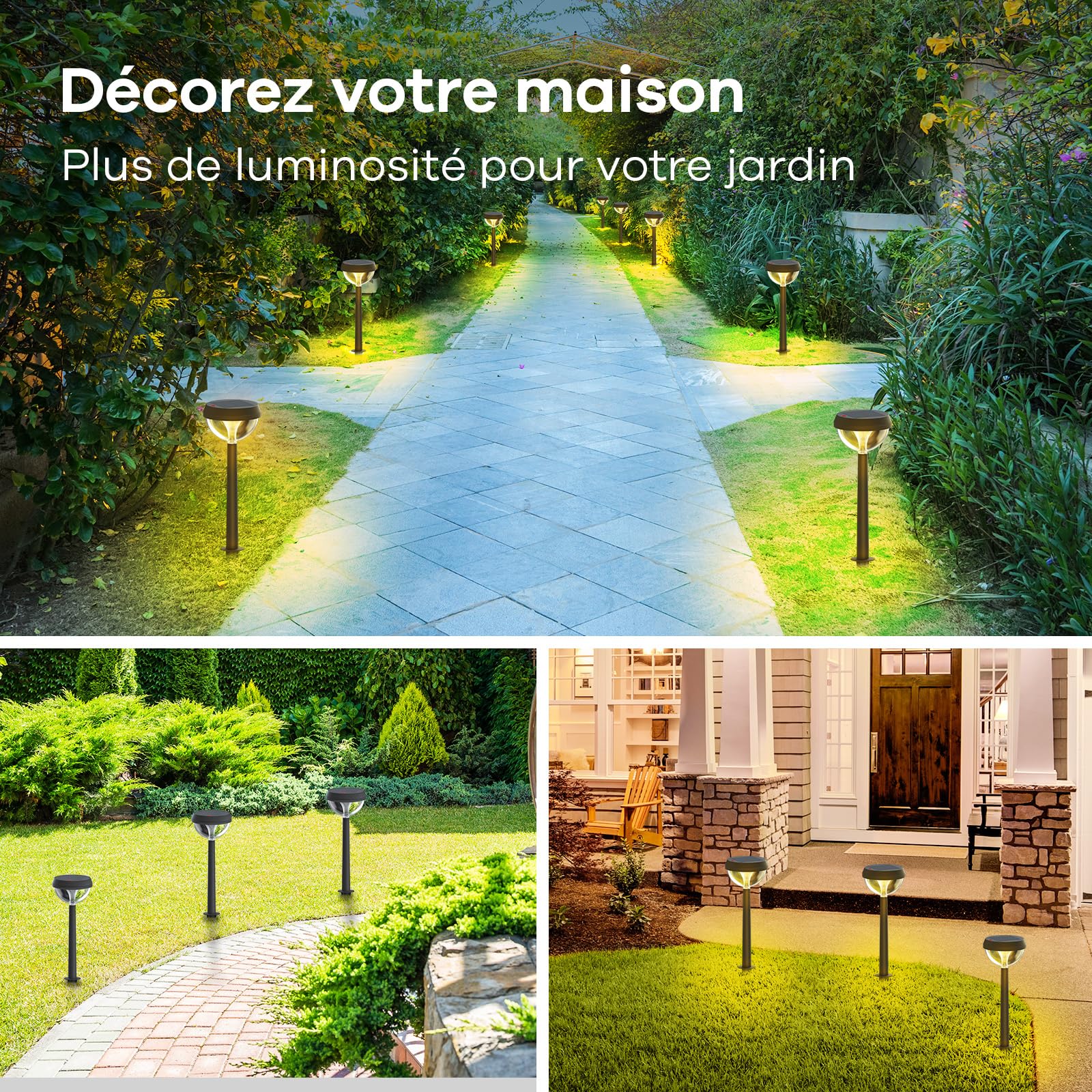 Linkind Lampes Solaires de Jardin 3000K Blanc Chaud, Extérieur IP54, Détecteur de Lumière, 3 Modes, 8PCS