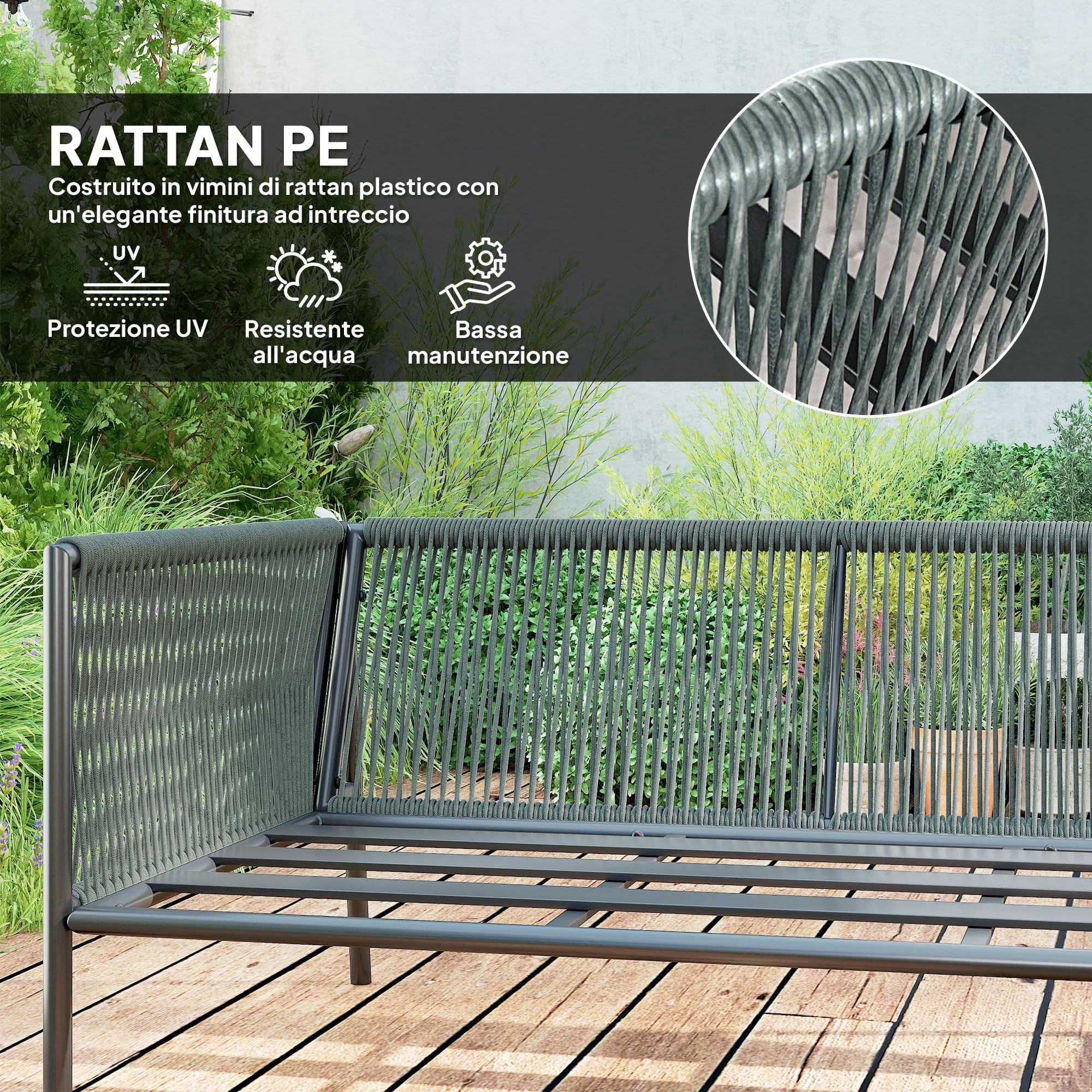Outsunny Set di Mobili da Giardino in Rattan 4 Pezzi, Salotto da Esterno con Divano Angolare Modulabile, Tavolino da Caffè e Cuscini Lavabili, Acciaio, Grigio Scuro