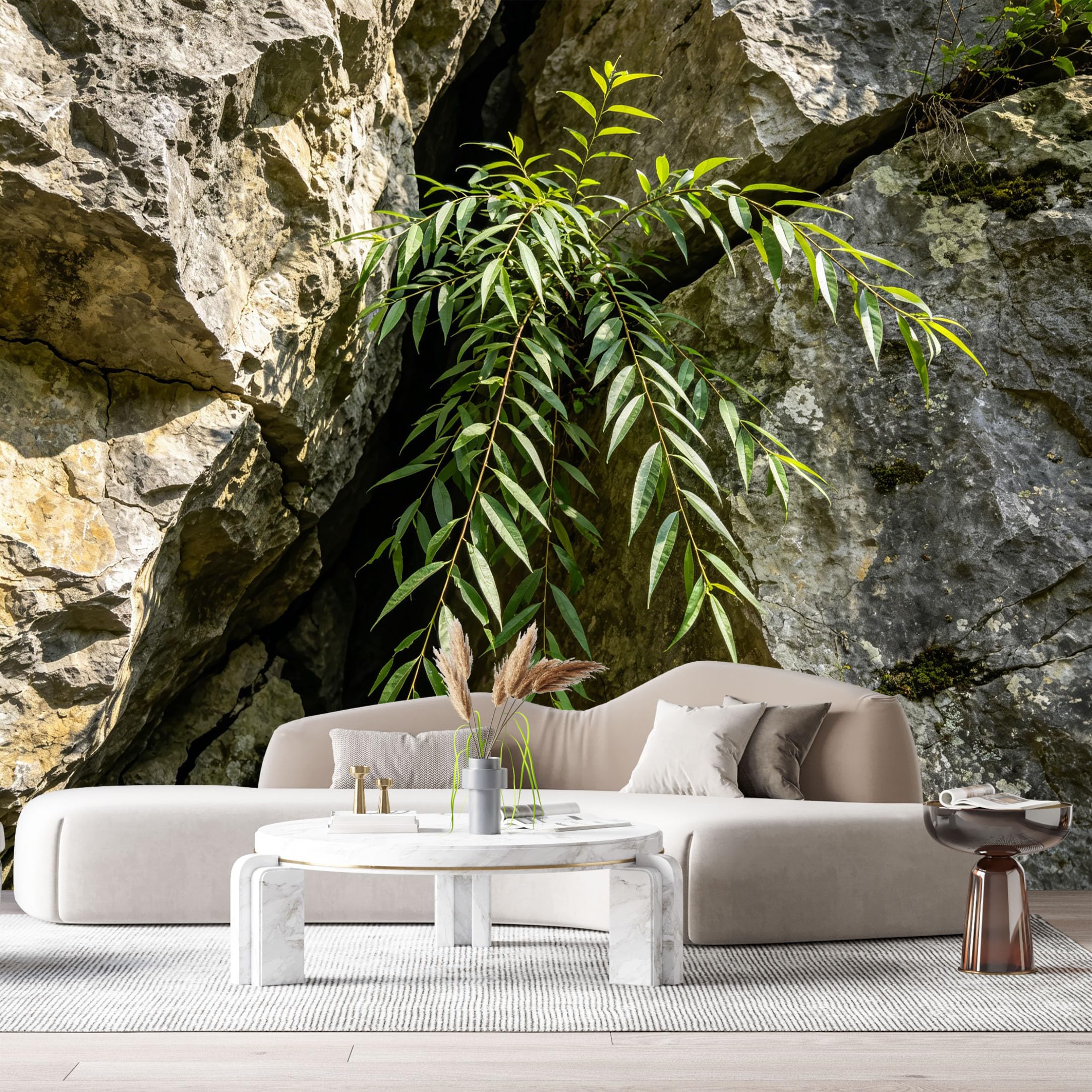 Custom Size Wall Murals Botanical Rock Cliff Texture Green Leaves Natural Stone Surface SelfAdhesive Wall Fabric Removable Large Wallpaper for Photo Living Room