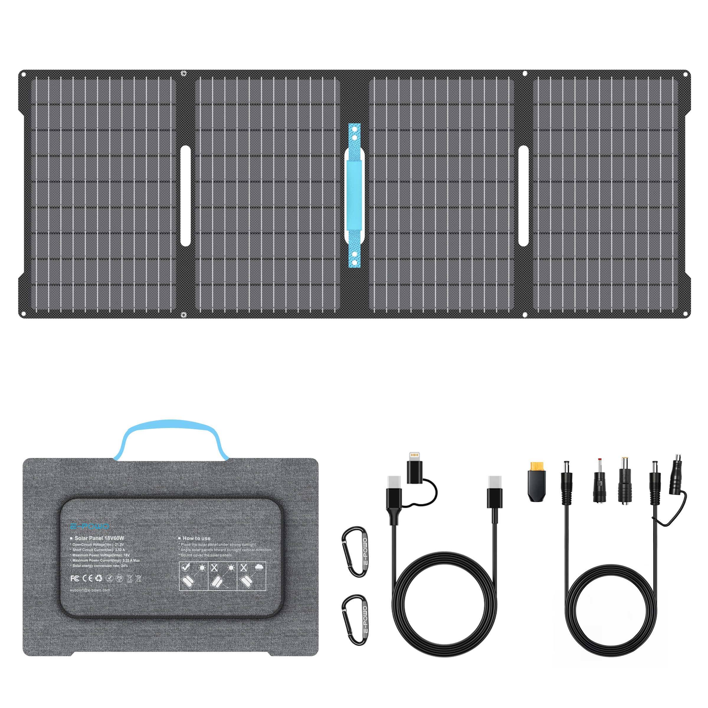 60W Solarpanel, tragbares Solarpanel mit USB-C-, USB-A- und DC-Ausgängen, faltbares ETFE Solarpanel Ladegerät für iPhone, iPad, Powerbank, Camping, Wandern, kleine Generatoren