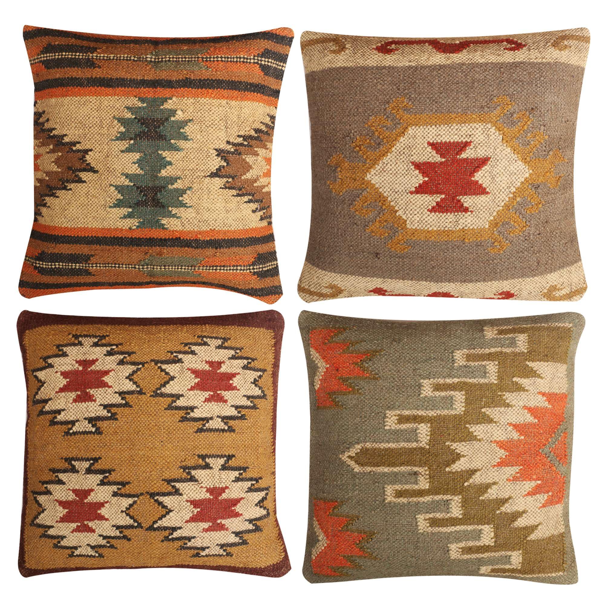 JAIPUR KILIM RUGS Set of 4 Geometric Wool Jute Square Throw Pillow Covers -Decorative 18 x 18 Inches Multicolour Cushion Covers Perfect for Sofa/Couch