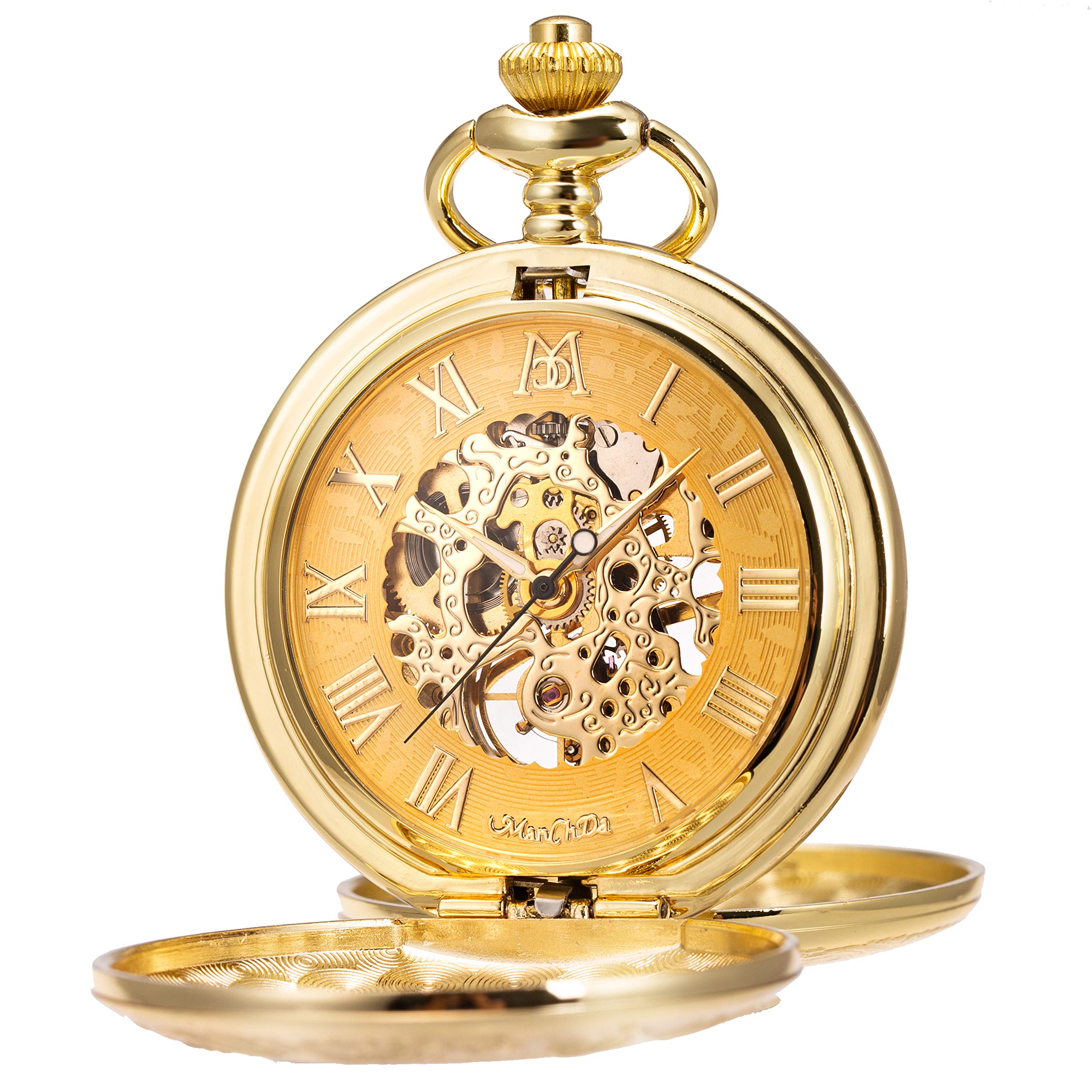 ManChDaPocket Watch - Pocket Watches Double Cover Skeleton Mechanical Steampunk Retro for Mens with Chain + Gift Box