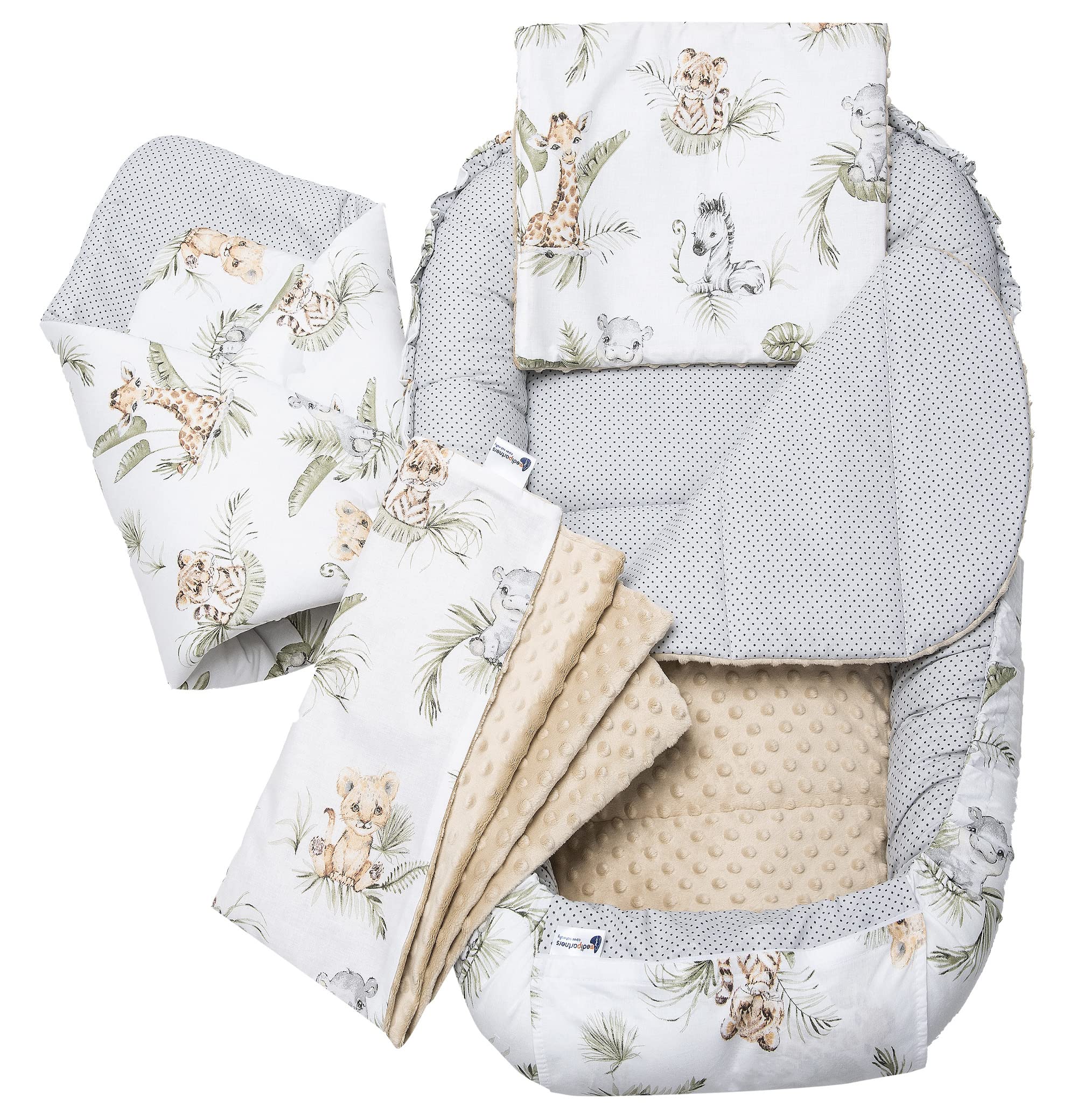 Medi Partners Babynest Nest Baby Set for Newborn - 100x60x10 Cuddly Nest 5 pieces portable Nest two-sided baby nest Bed 100% cotton ⟮Safari with beige Minky⟯