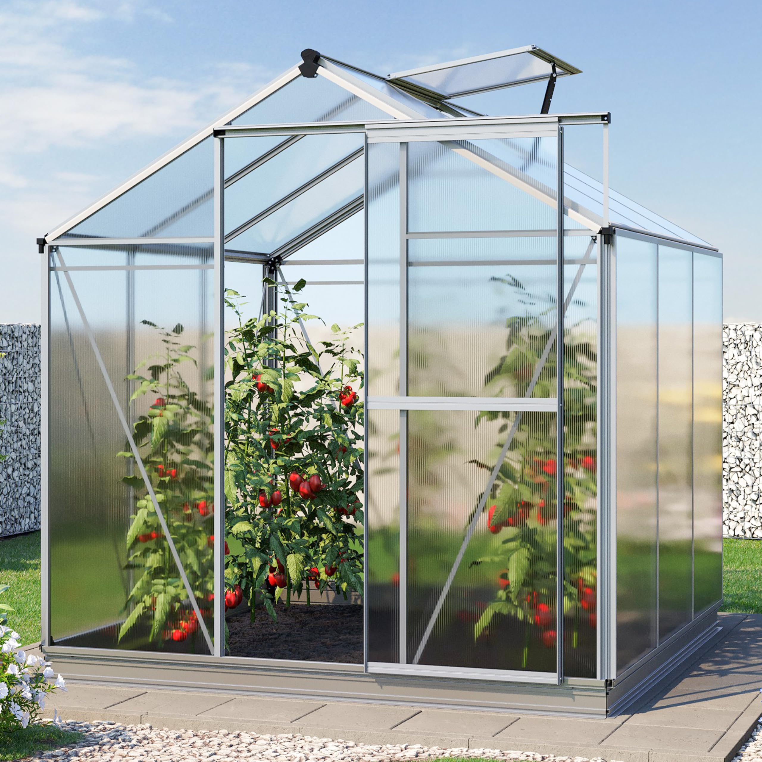 GFP Gewächshaus Jasmin 3 Alu-Rahmen 192 x 192 cm Polycarbonat Platten - mit Fundamentrahmen & automatischem Fensteröffner