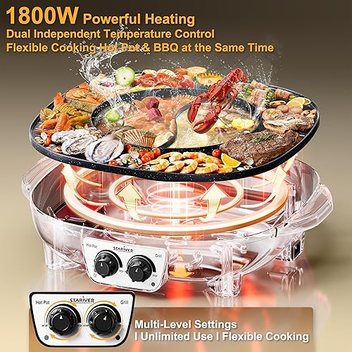 Miniatura 4 de Stariver Olla eléctrica con parrilla 2 en 1, barbacoa coreana interior y Shabu Shabu, cuenta con revestimiento antiadherente fácil de limpiar,