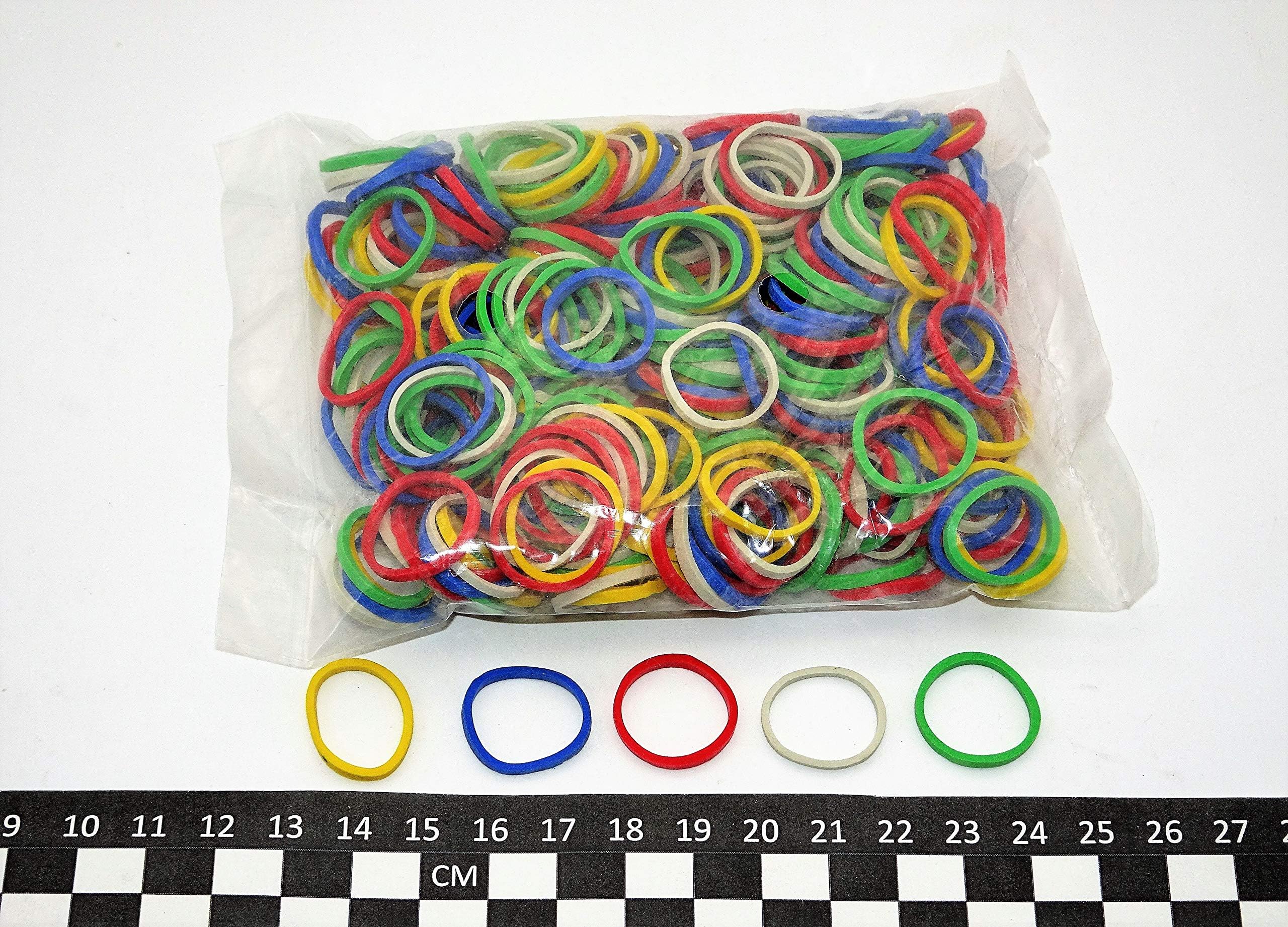 PROGOMRubber Bands - 25mm x 1.7mm – Assorted Colours (Red, Green, Blue, White, Yellow) – Bag 50g