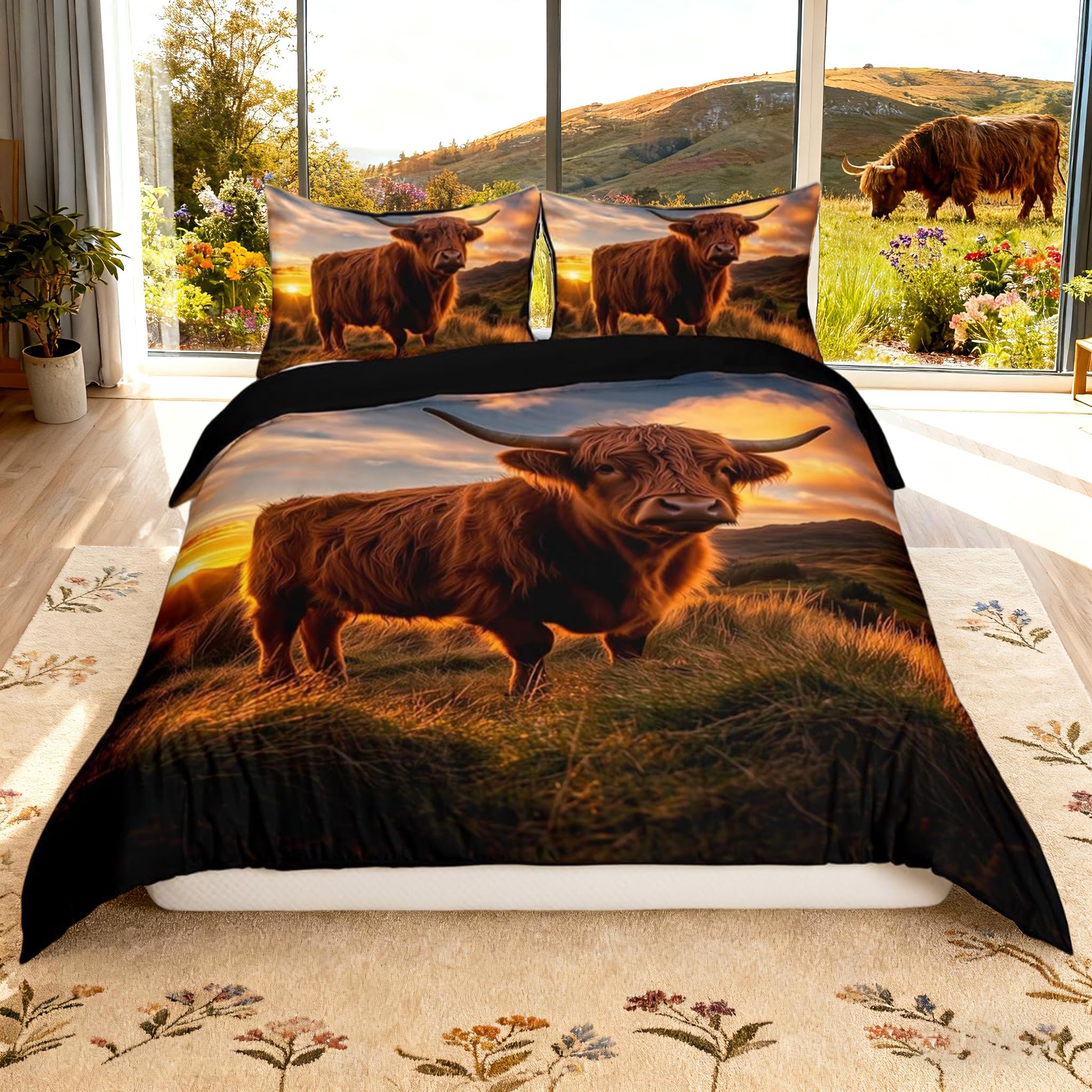 Homemissing Highland Cattle Duvet Cover Set Double Size For Kids Boys Girls Teens Highland Cow Bedding Set Wildlife Animal Comforter Cover with 2 Pillowcases — image 1