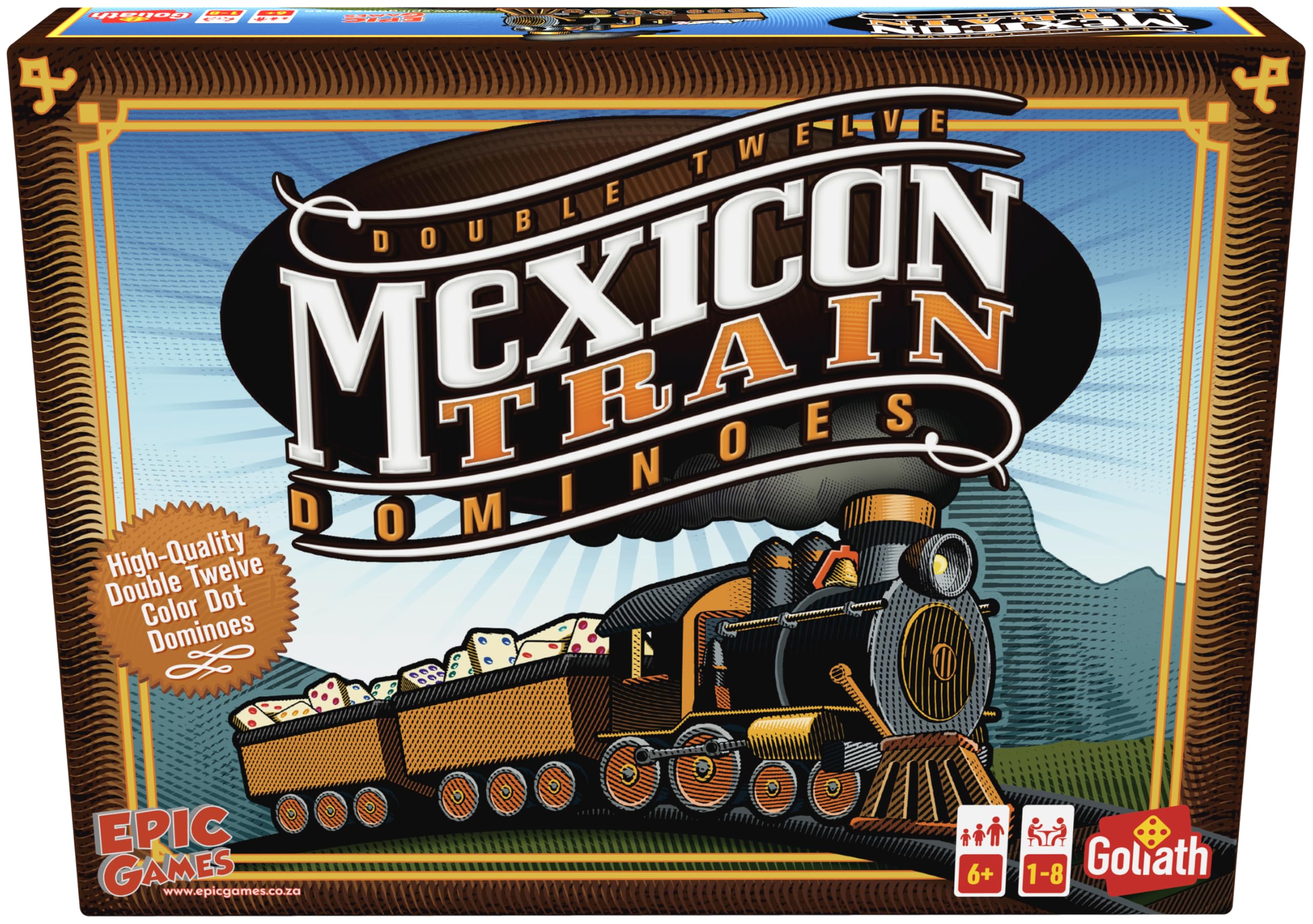 Goliath - Mexican Train, Domino Spiel ab 6 Jahren, Brettspiel für 1 – 8 Spieler, Gesellschaftsspiel mit Dominosteinen, Einfach zu Lernen, Robuste Steine