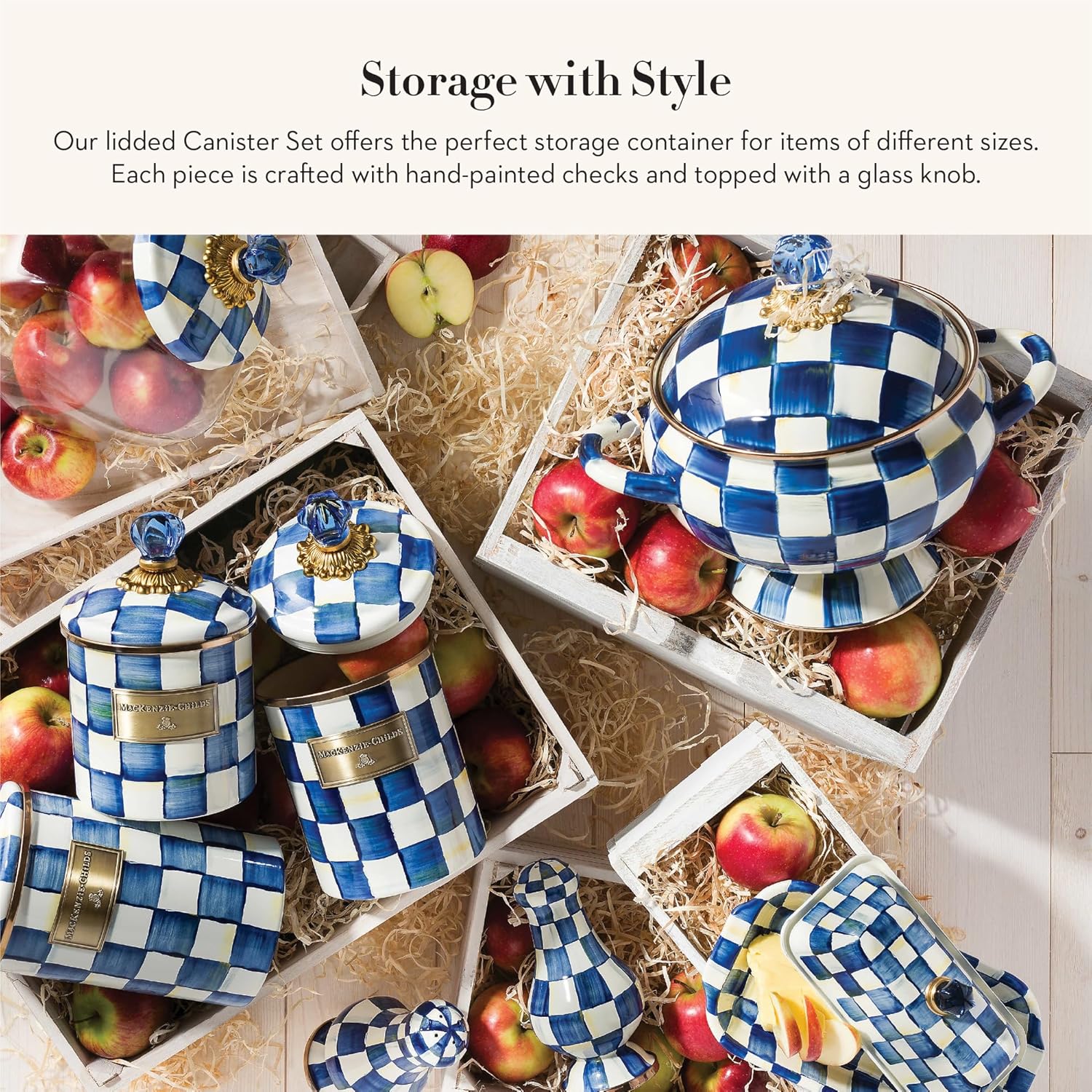 MACKENZIE-CHILDS Enamel Canister Set, Small (38 oz.), Medium (48 oz.), and Large (64 oz.) Kitchen Containers, Blue-and-White Royal Check
