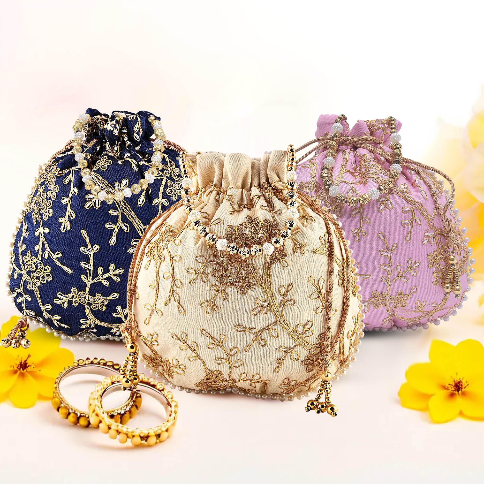 Kuber Industries Pack of 3 Potli Bags for Ladies & Girls | Shagun Pouches for Festive Seasons | Embroidery Bridal Purse -Dark Blue, Cream & Light Pink-image-29