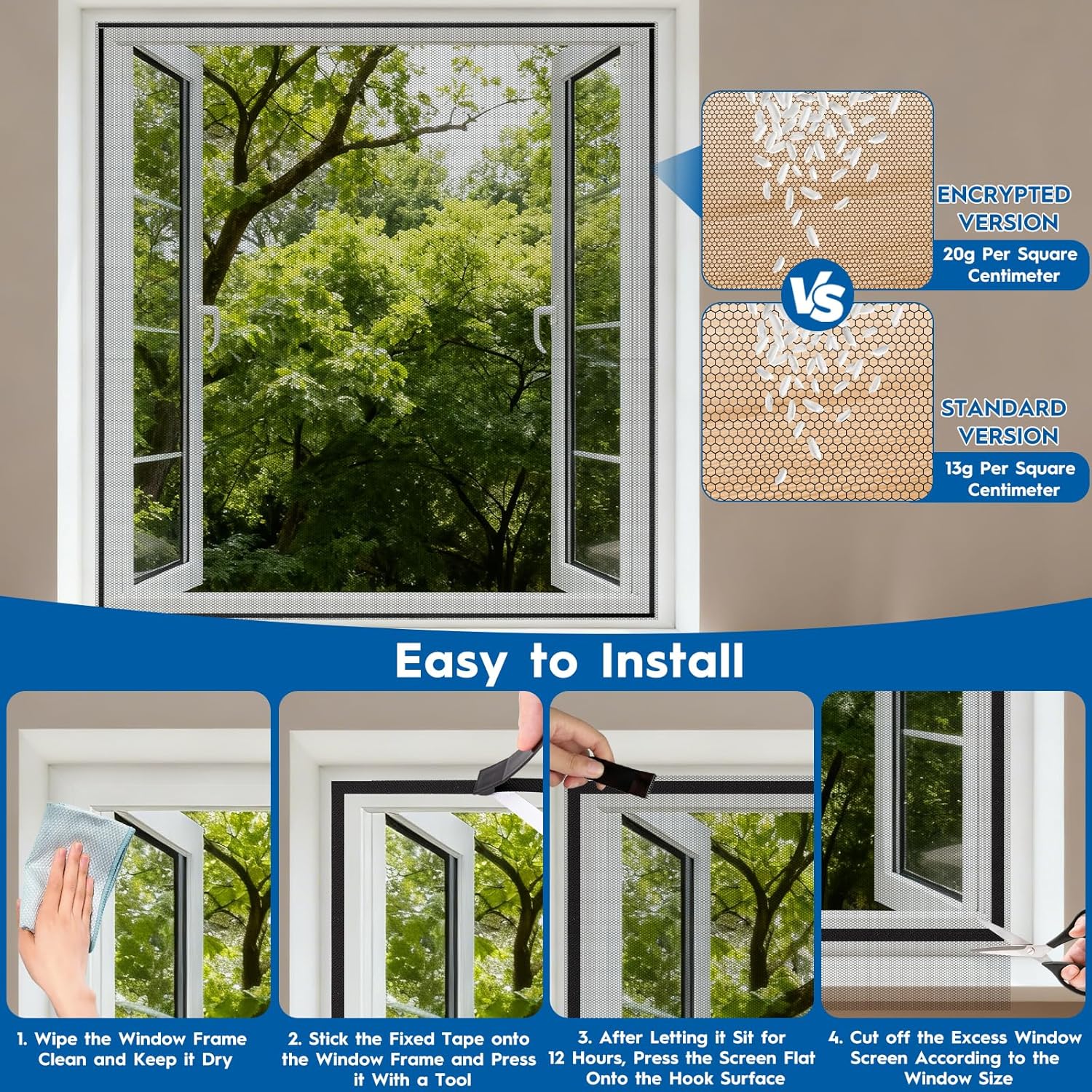 Pack of 2 Fly Screen Window 1.3 x 1.5 m, Insect Protection Window Can Be Cut to Size, Fly Screen Window Mesh Fabric, Fly Screen Window No Drilling, with Fastener and Mesh Press Device