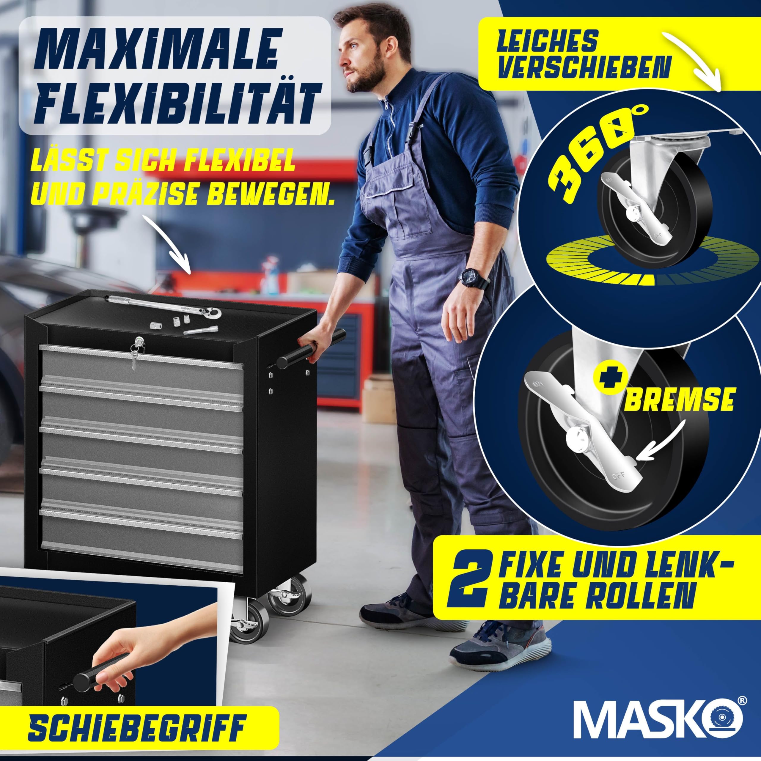 MASKO® Carro de taller - 5 cajones, con cerradura | Metal macizo | Carro de herramientas móvil sin herramientas | Carro de taller profesional sin equipamiento | Carro con ruedas para almacenamiento de