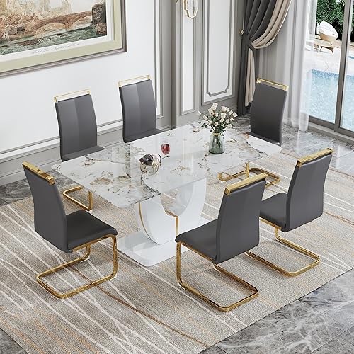 Miniatura 16 de Juego de mesa de comedor para 6, juego de sillas de cocina de 6, juego de comedor moderno con mesa de 63' de mármol y sillas tapizadas de PU para la