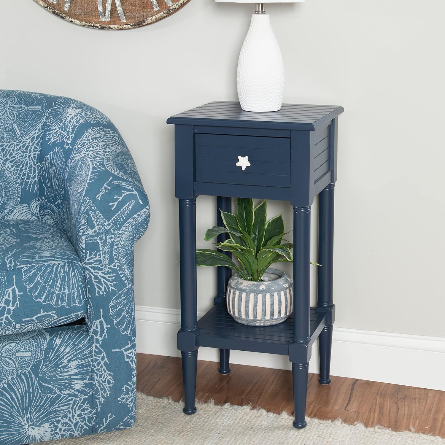 Linon Raleigh Navy Small Accent Table with Storage and Whimsical Starfish Drawer Pulls, 29.5" Tall