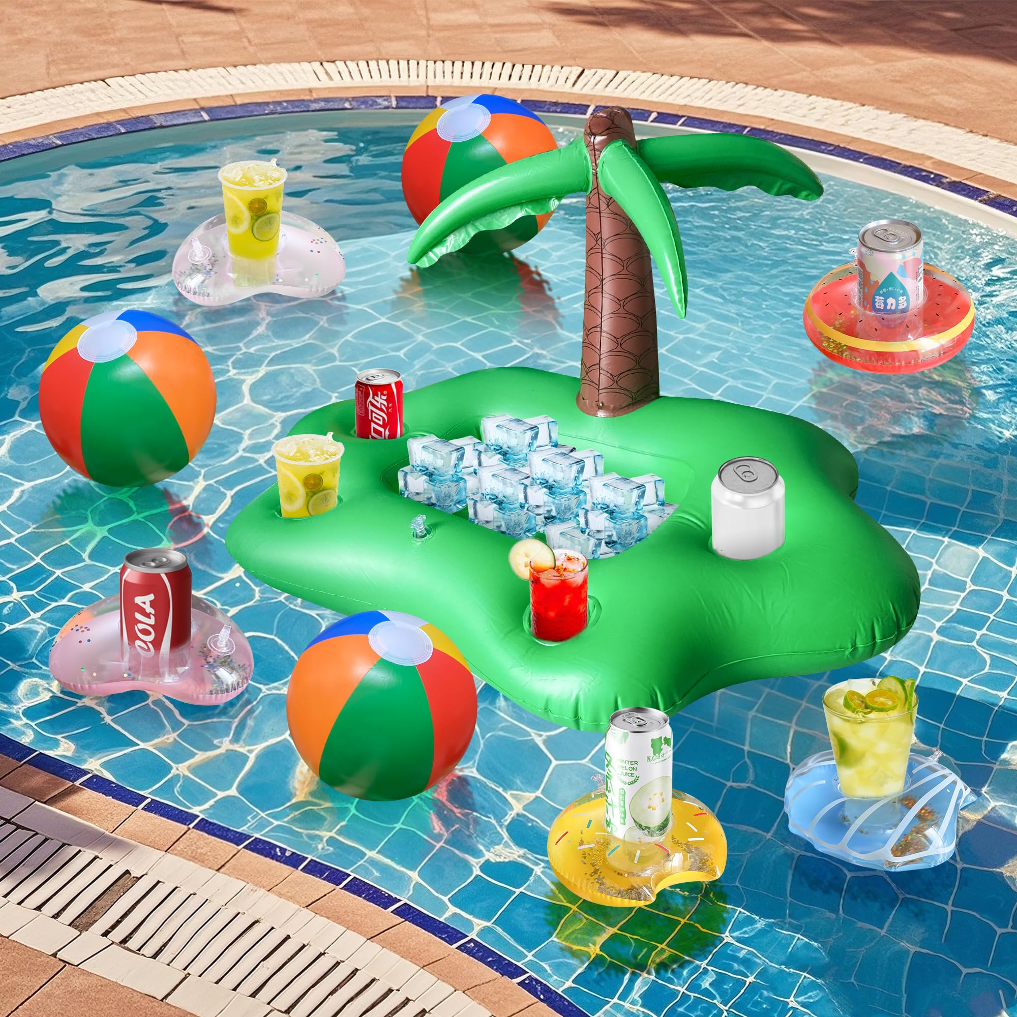Kleeblatt Large Pool Drink Holder - Inflatable Floating Drink Holder for Pool 8pcs - Beach Balls 8pcs - Beach Vacation Essentials