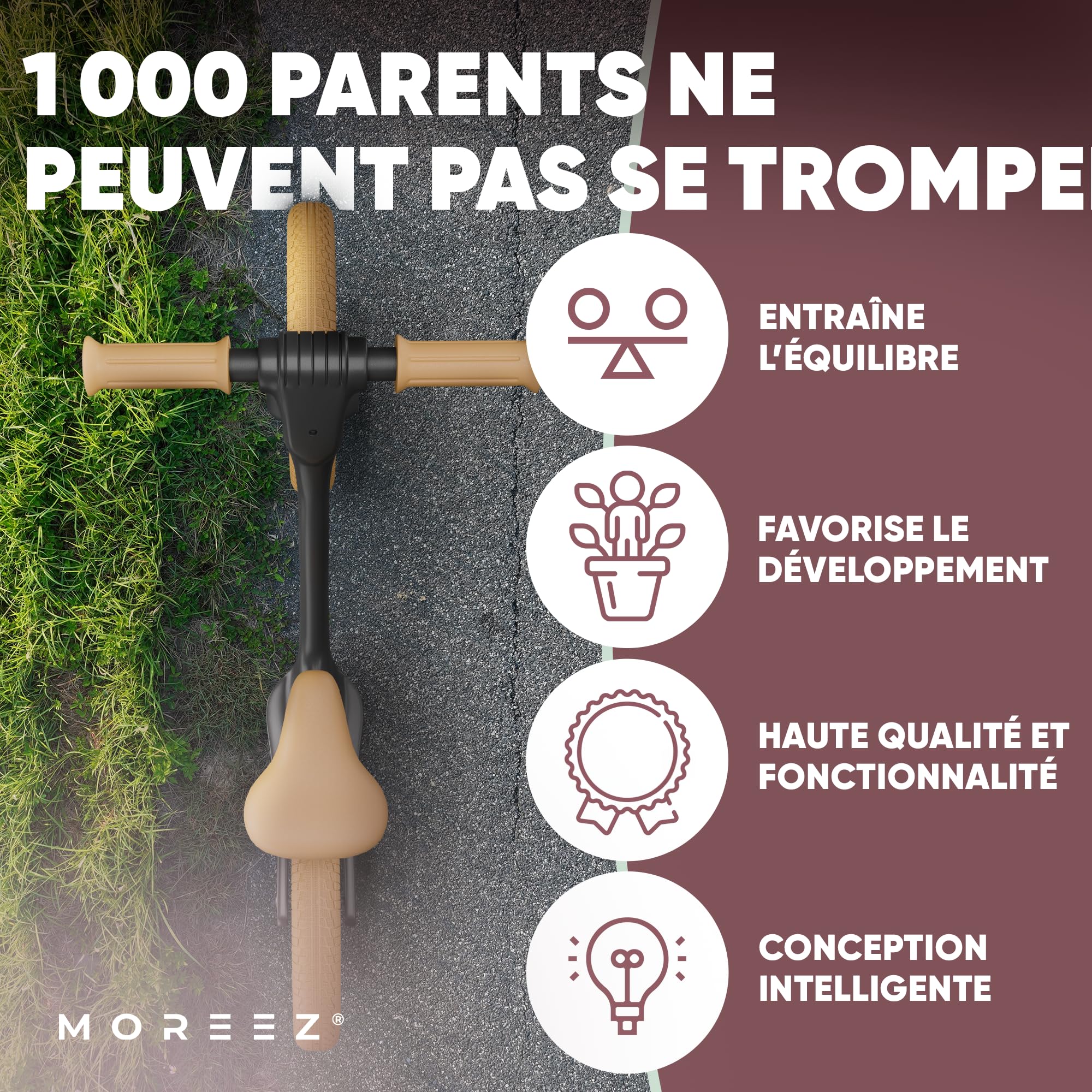 MOREEZ Draisienne à partir de 2 ans [2-5 ans] Roue ultra légère pour enfant avec protection contre les chutes, siège ergonomique, roues de 12 pouces anti-crevaison de 50 kg, repose-pieds antidérapant