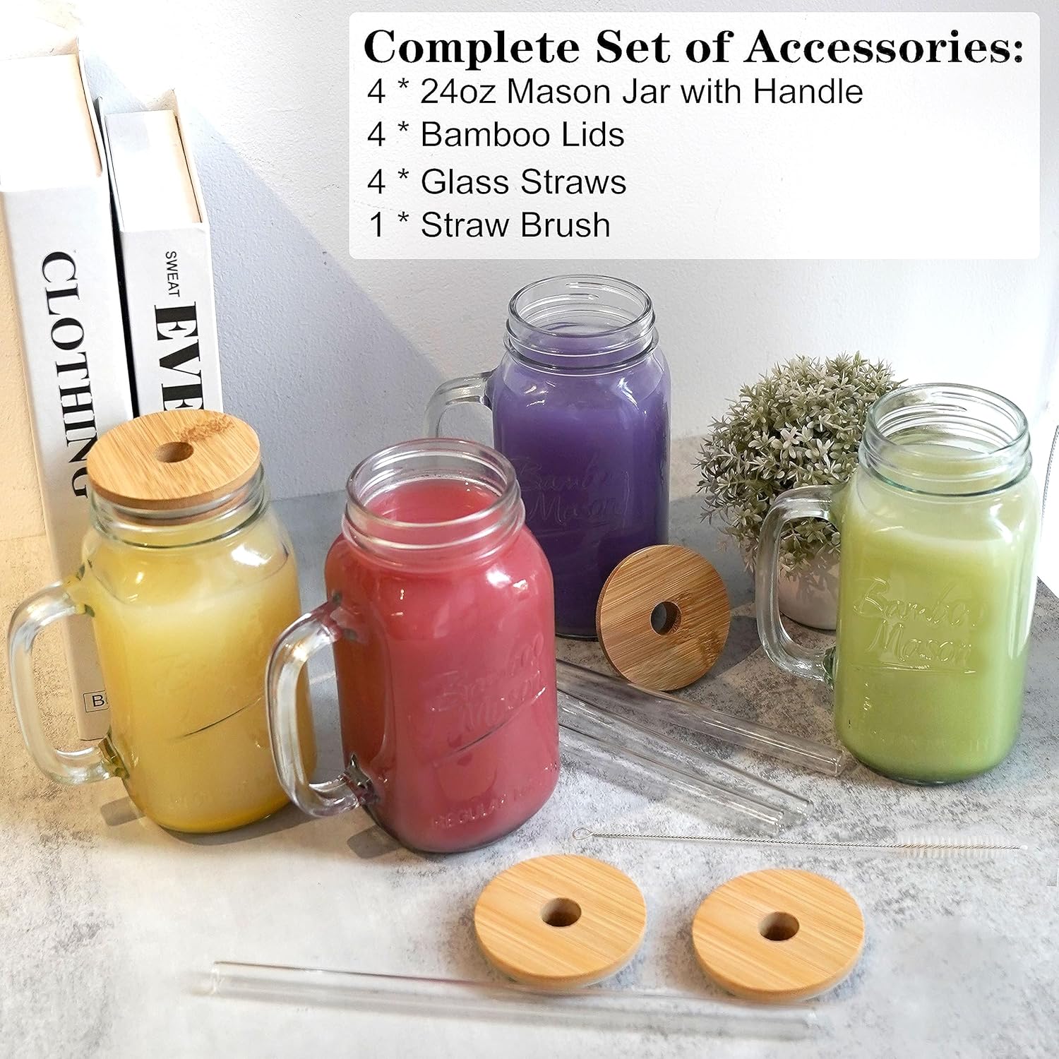 ANOTION Mason Jars Tumbler with Handle - Glass Cups with Lids and Straws Drinking Glasses Coffee Mug Glasses Drinking Set Iced Coffee Cup Smoothie Cup Tea Cup Travel Coffee Mug Water Cup - Image 3