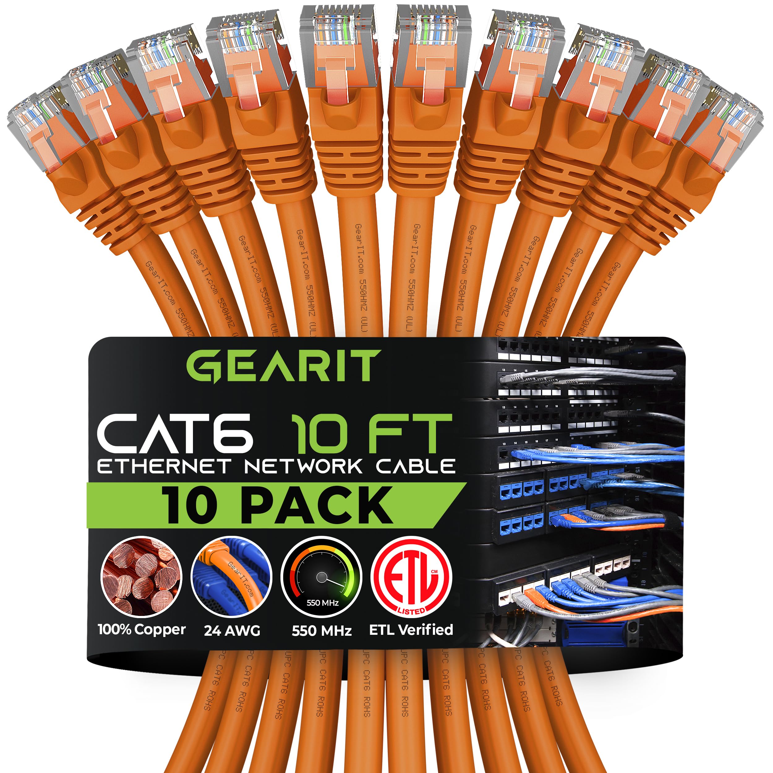 GEARit Cat 6 Ethernet Cable (10-Pack 10 Feet) Cat6 Network Patch, 10Gbps, RJ45, Snagless Cord, Gold-Plated Connectors, Internet for PC, TV, Tablet, Router, Printer, Servers, IT Data Center - Orange