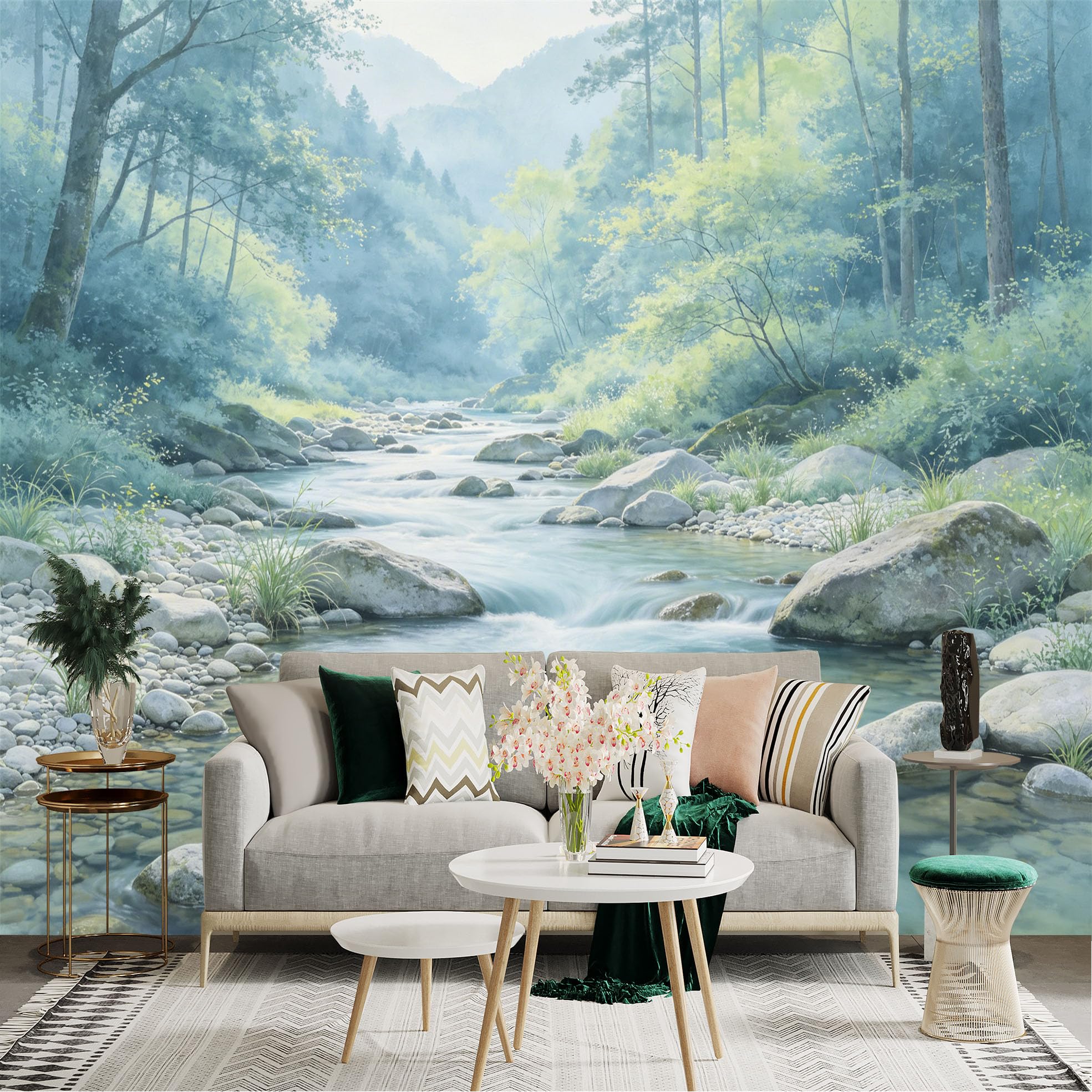 Lnzczhyre Dbh260521020 Custom Size Wall Sticker Mural， Serene Mountain Stream， Misty Forest Landscape， Clear River Waters， Natural Scenery， For Wall Decoration， Peelandstick Wall Decals.