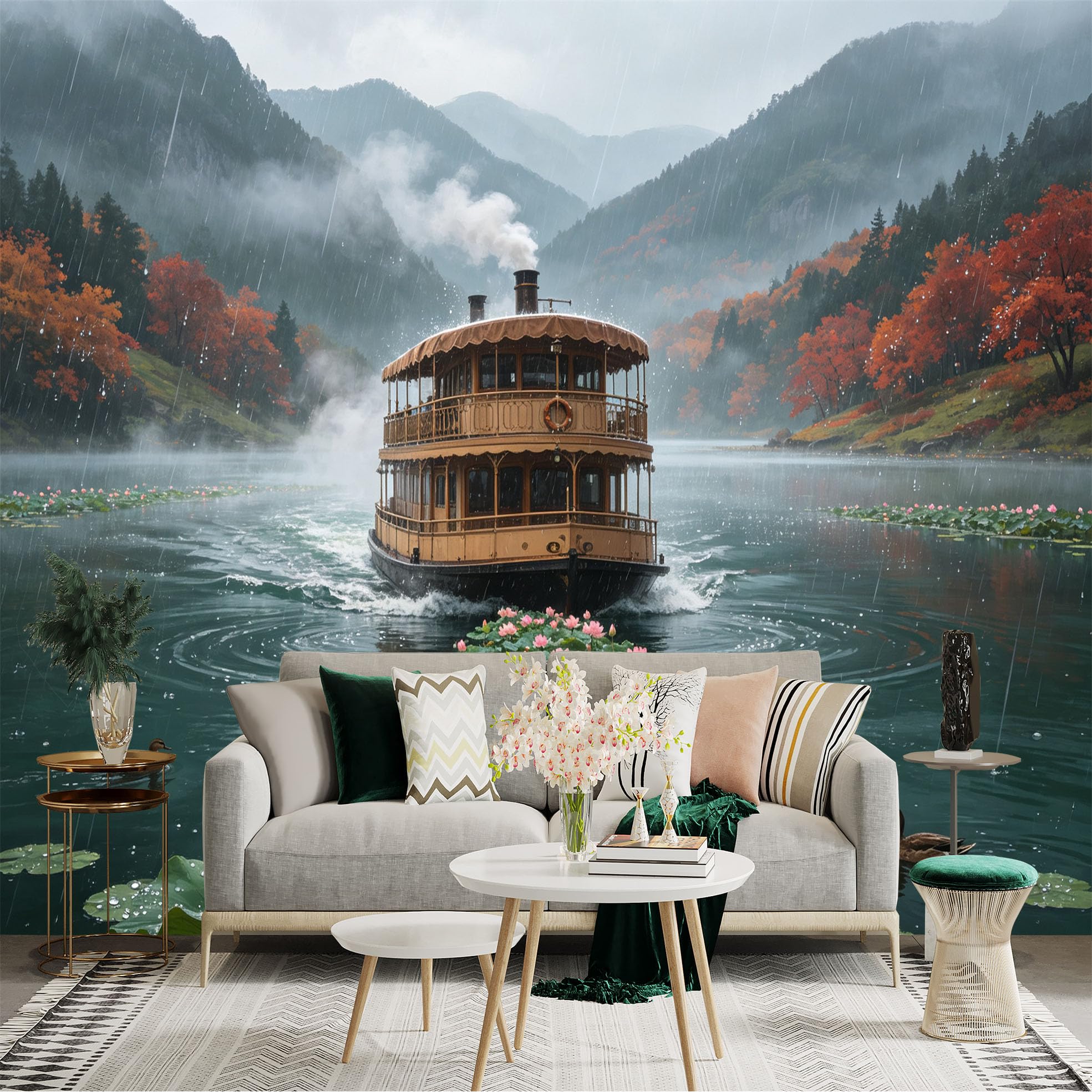 Custom Size Wall Sticker Mural， Steam Boat on Misty Lake， Autumn Foliage and Lotus Flowers， Rainy Landscape， for wall Decoration， peelandstick wall Decals.