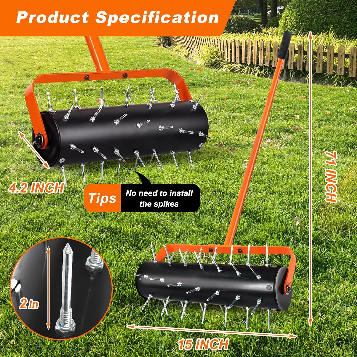 Rolling Lawn Aerator, Heavy Duty Hand Manual Spike Roller with 42 Spikes, Aerator Tool with 71" Adjustable Handle, Pre-Attached Spike Soil Push Lawn Aeration for Garden Yard Patio