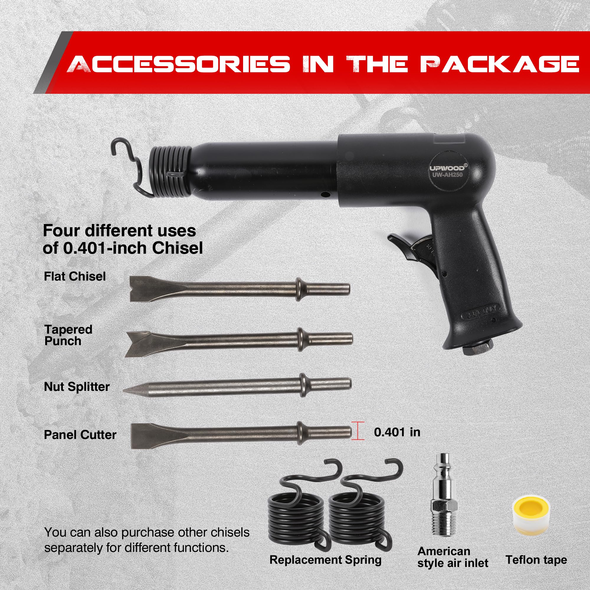 UW-AH250 Long Barrel Air Hammer Kit with Quick Change Retainer and 4 Chisels, 3-5/8 Inch Stroke, 2200 BPM, Light Weight - Image 4