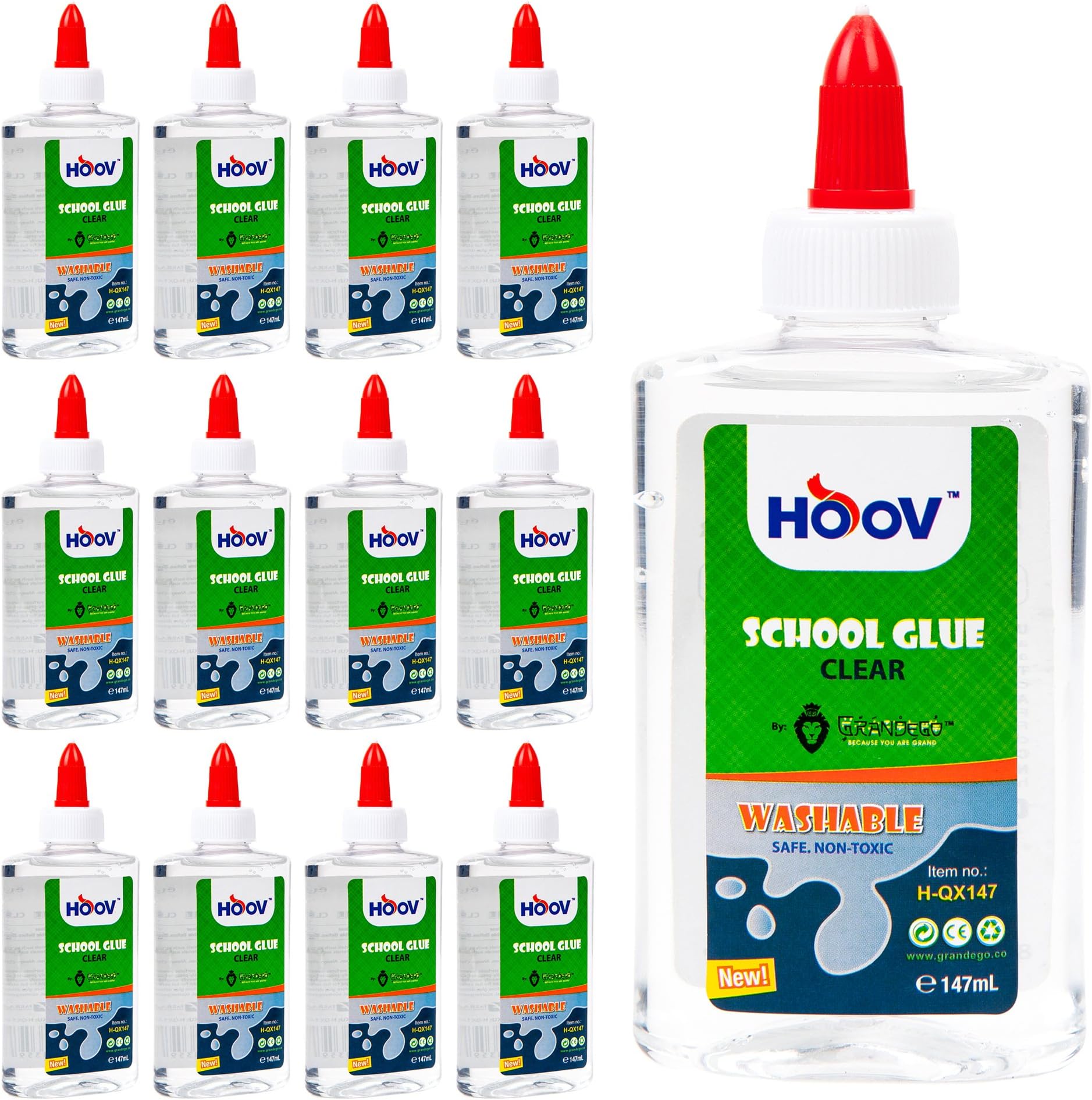 HOOV Liquid Washable School Glue | Extra Strong Multi-Surface Hold, Dries Clear – Safe, Non-Toxic, No Run Formula – Adjustable Flow Twist Top + 5 oz Bottle, Bulk Pack of 12