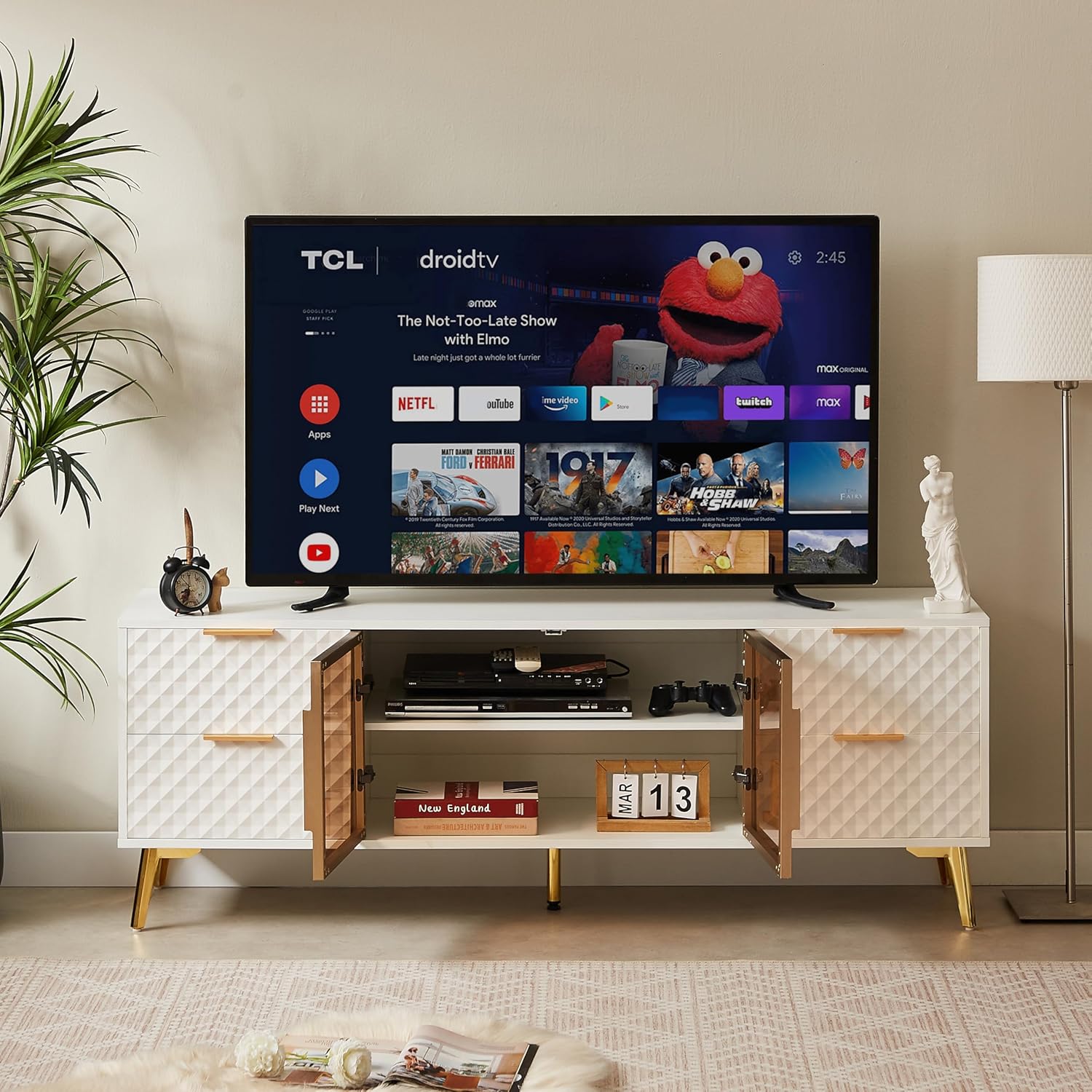 Modern TV Stand Entertainment Center with Glass Doors, 59.9W x 21.7H inches, Navy Blue with Gold Legs (White, 59.9 * 15.7 * 21.7)