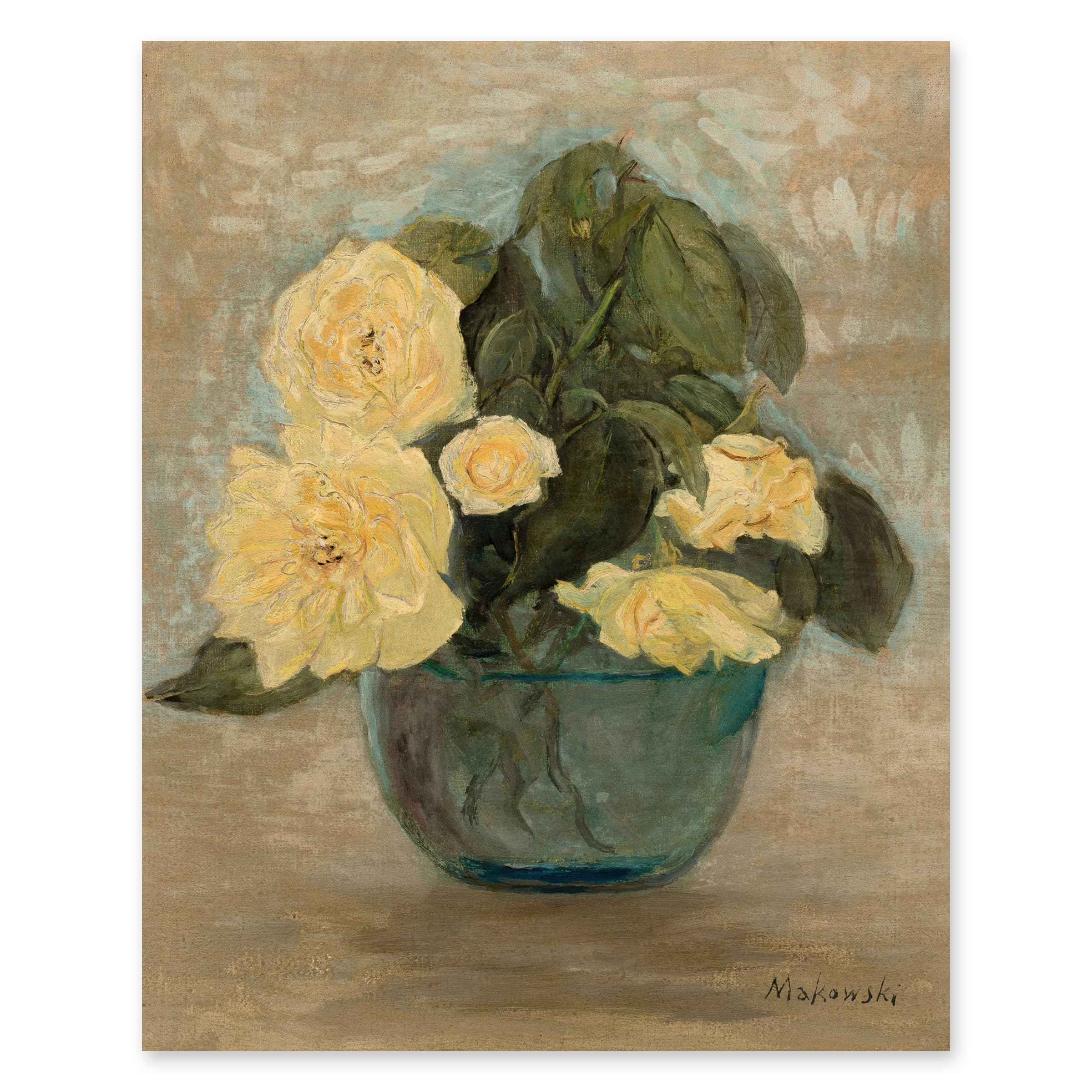 | Yellow Roses, Vintage Polish Still Life Print - Farmhouse Flower Wall Art, Rustic Yellow Country Decor, Rose Art (Unframed 5x7 Print)