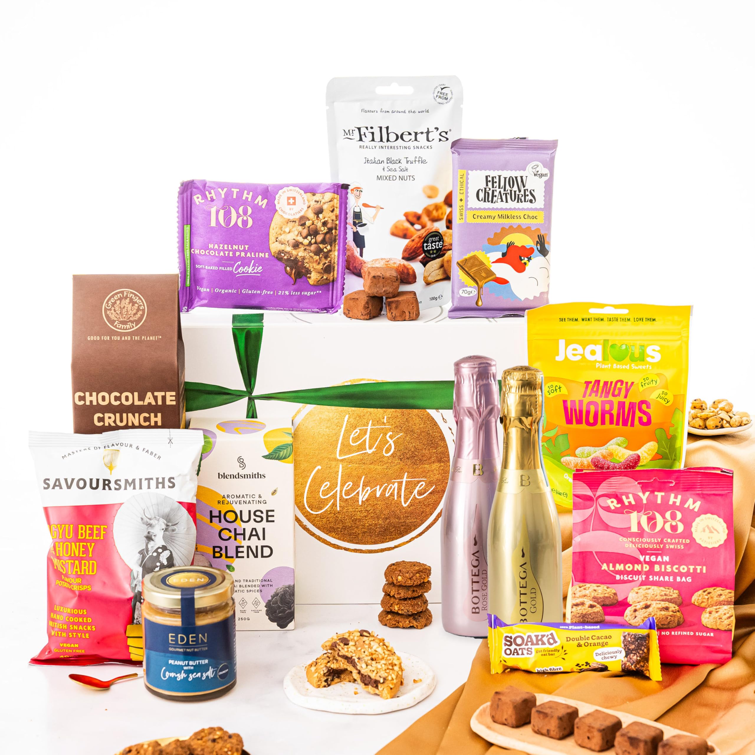 Celebration Gift Hamper Basket, Luxury Congratulations Gifts for Women, Men or Weddings, Dairy Free, Gluten Free and Vegan Chocolate by EDEN Treats - Includes 2 Proseccos