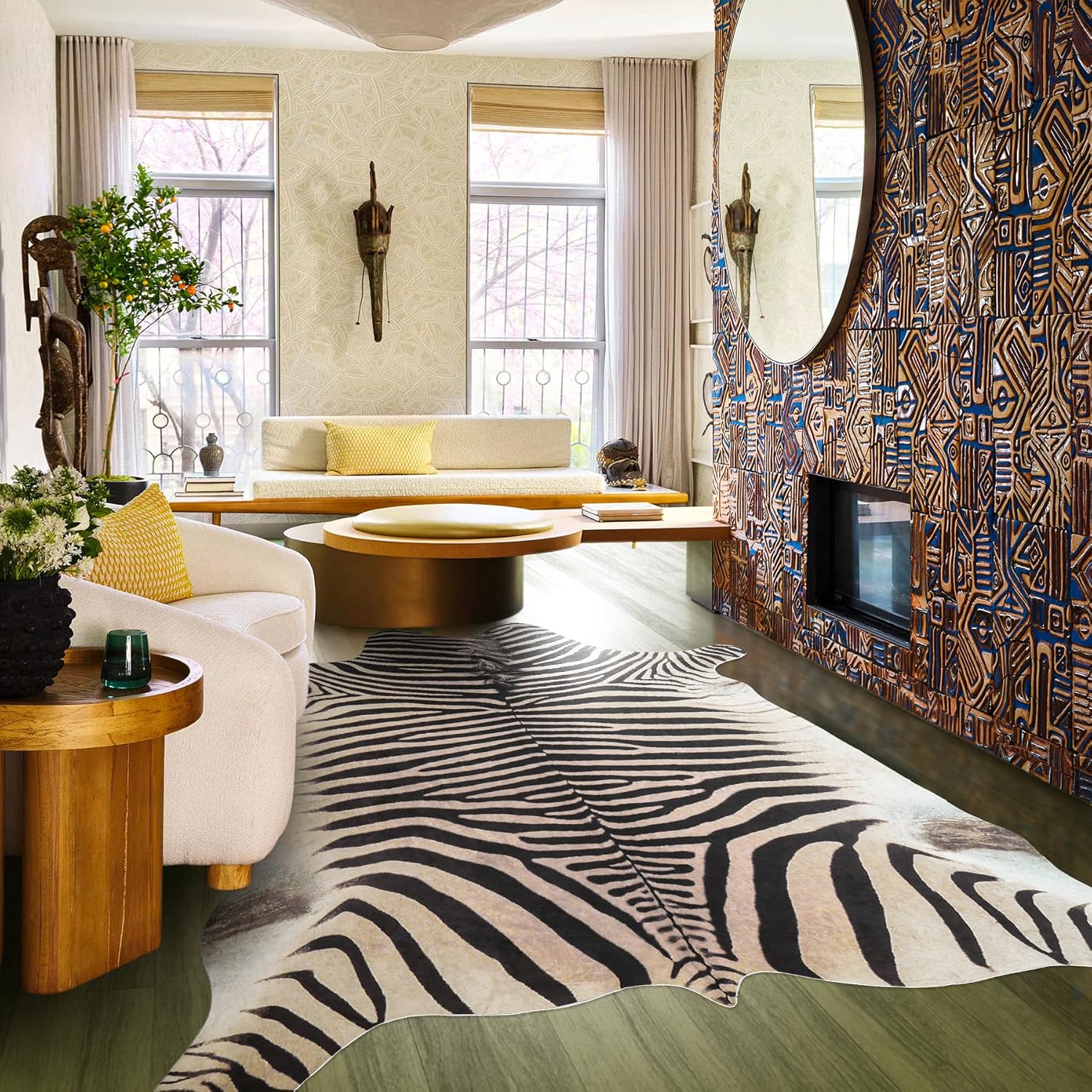 Zebra Print Rug 8x10 ft Funky Area Rug for Living Room Bedroom, Non-Slip Durable Faux Cowhide Rug Large No Fur