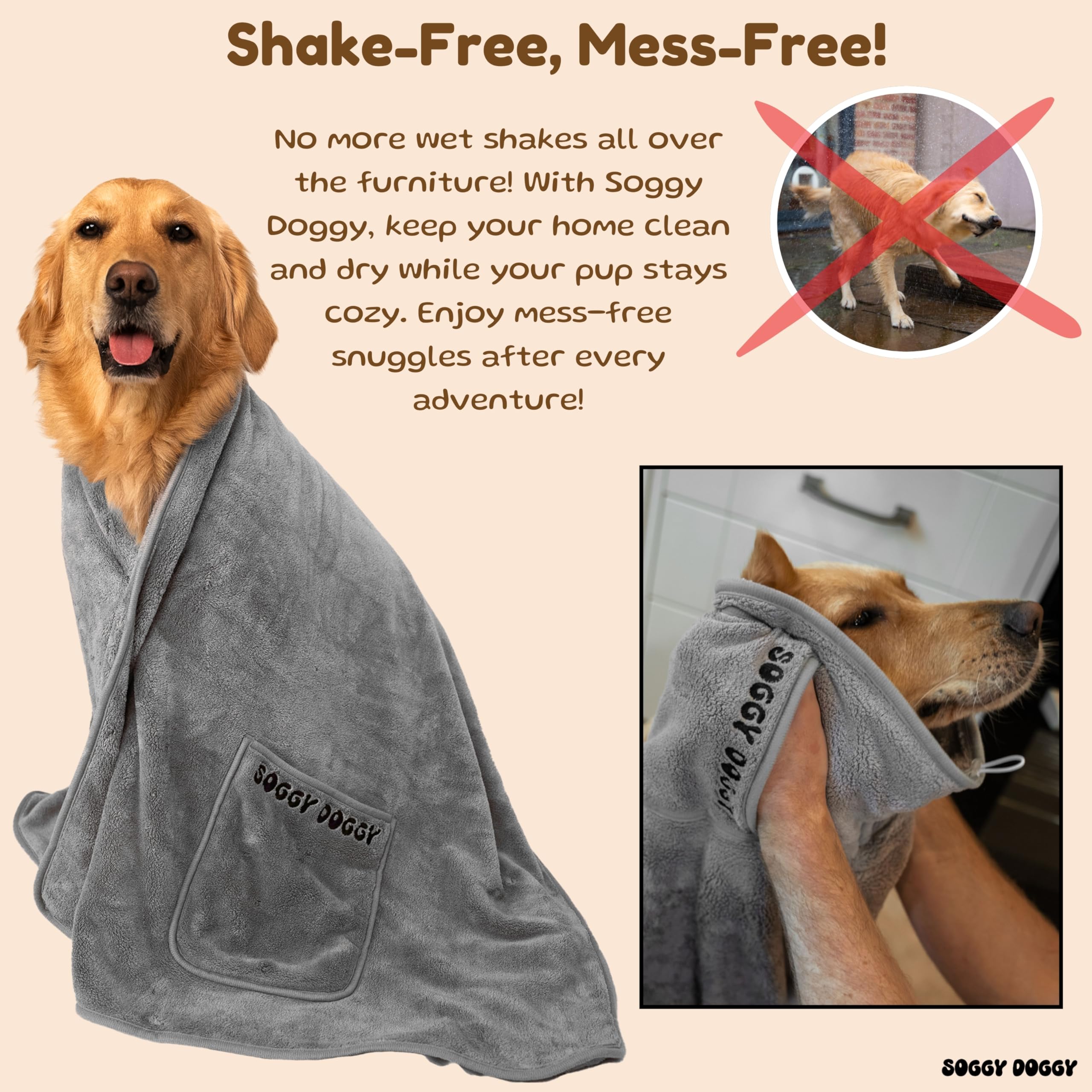 SOGGYDOGGY: Lot de 2 grandes serviettes de luxe super absorbantes pour chien - Séchage rapide en quelques minutes, plus épaisses que la plupart des autres - Pour le bain, le toilettage, les voyages
